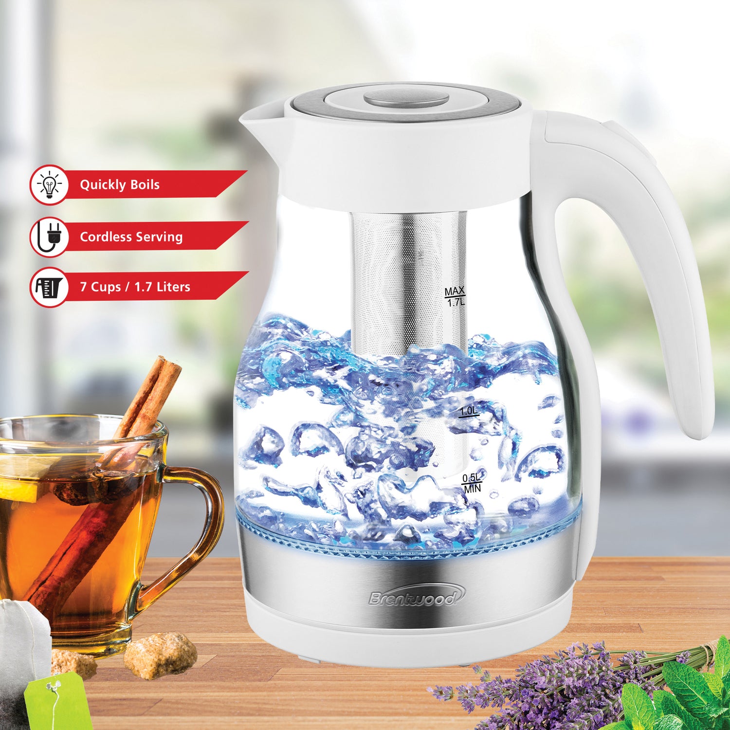 Brentwood 1.79-Qt. 1100-Watt Cordless Glass Electric Kettle with Tea Infuser and Swivel Base, White