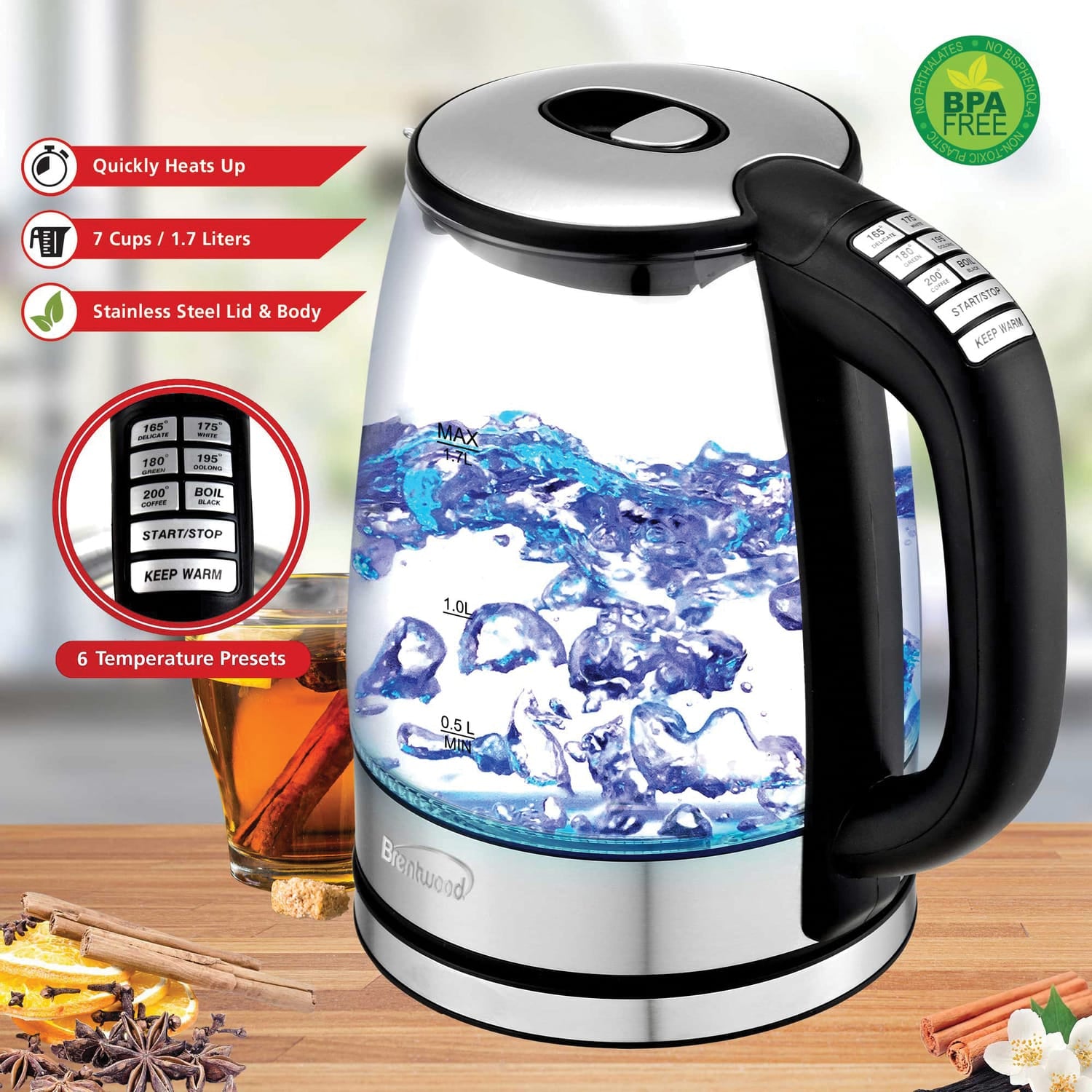 Brentwood 1.79-Qt. Cordless Digital Glass Electric Kettle with 6 Precise Temperature Presets and Swivel Base