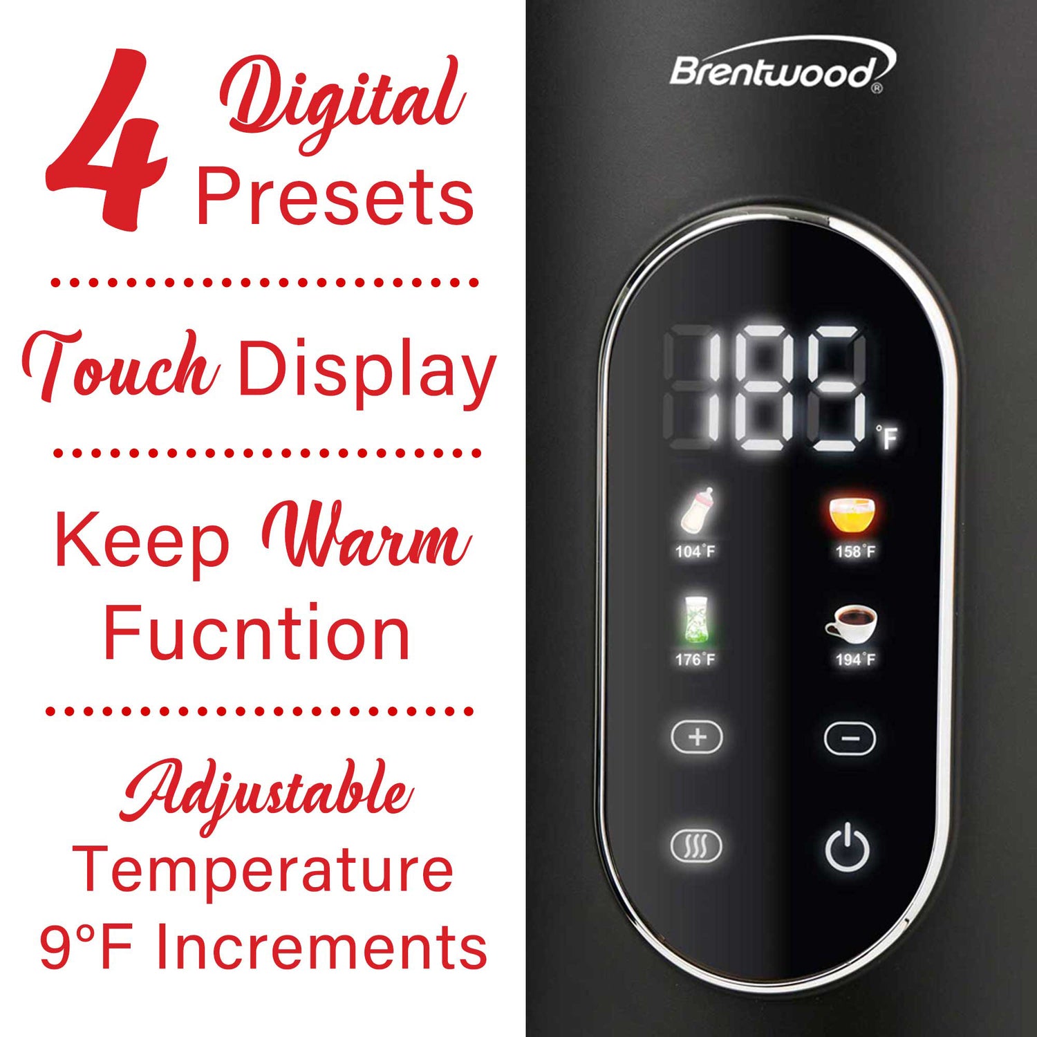Brentwood 1100-Watt 1.7-L Cordless Cool-Touch Digital Electric Kettle with Stainless Steel Interior, KT-2014DBK