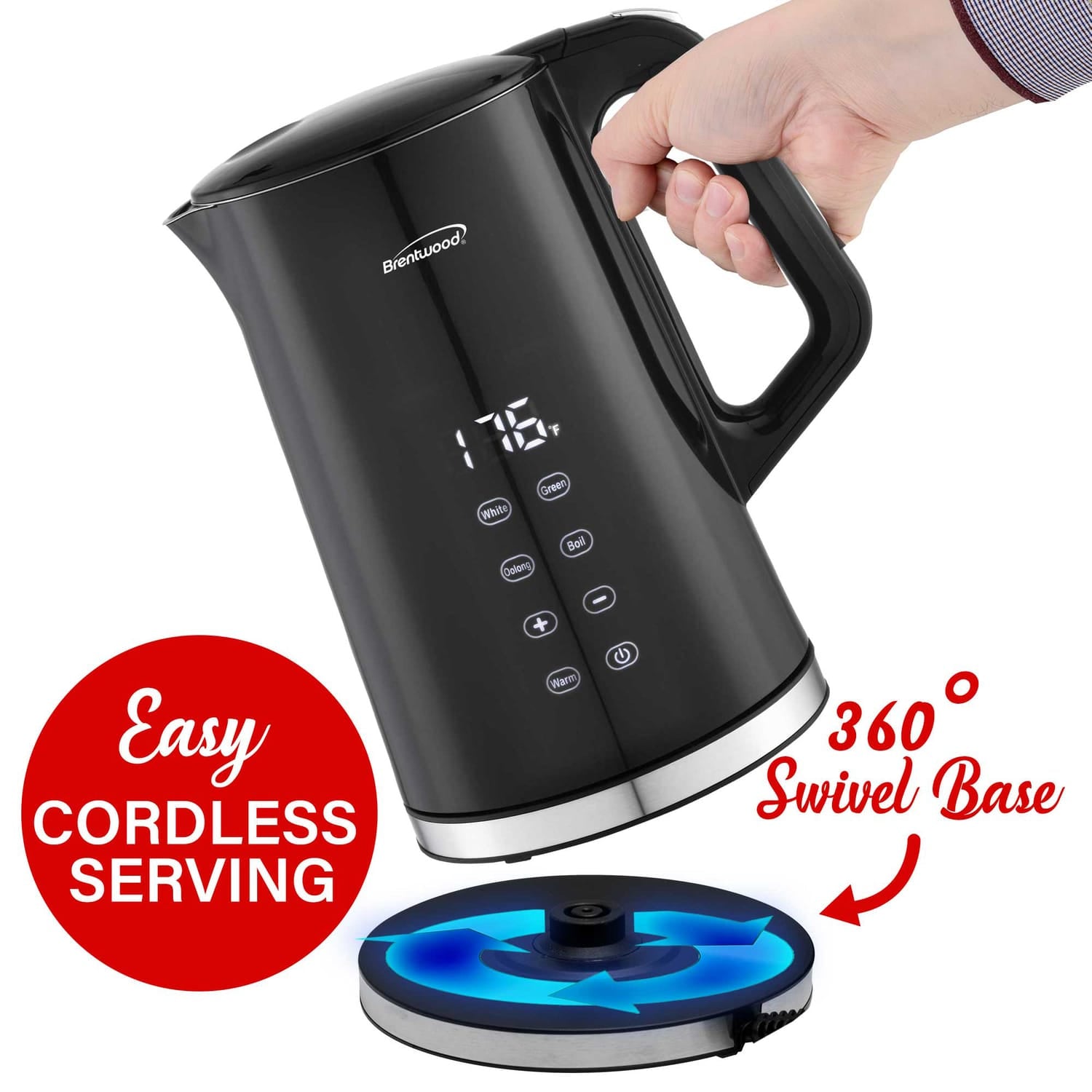 Brentwood 1100-Watt 1.7-L Cordless Cool-Touch Digital Electric Kettle with Stainless Steel Interior, BTWKT2015DBK