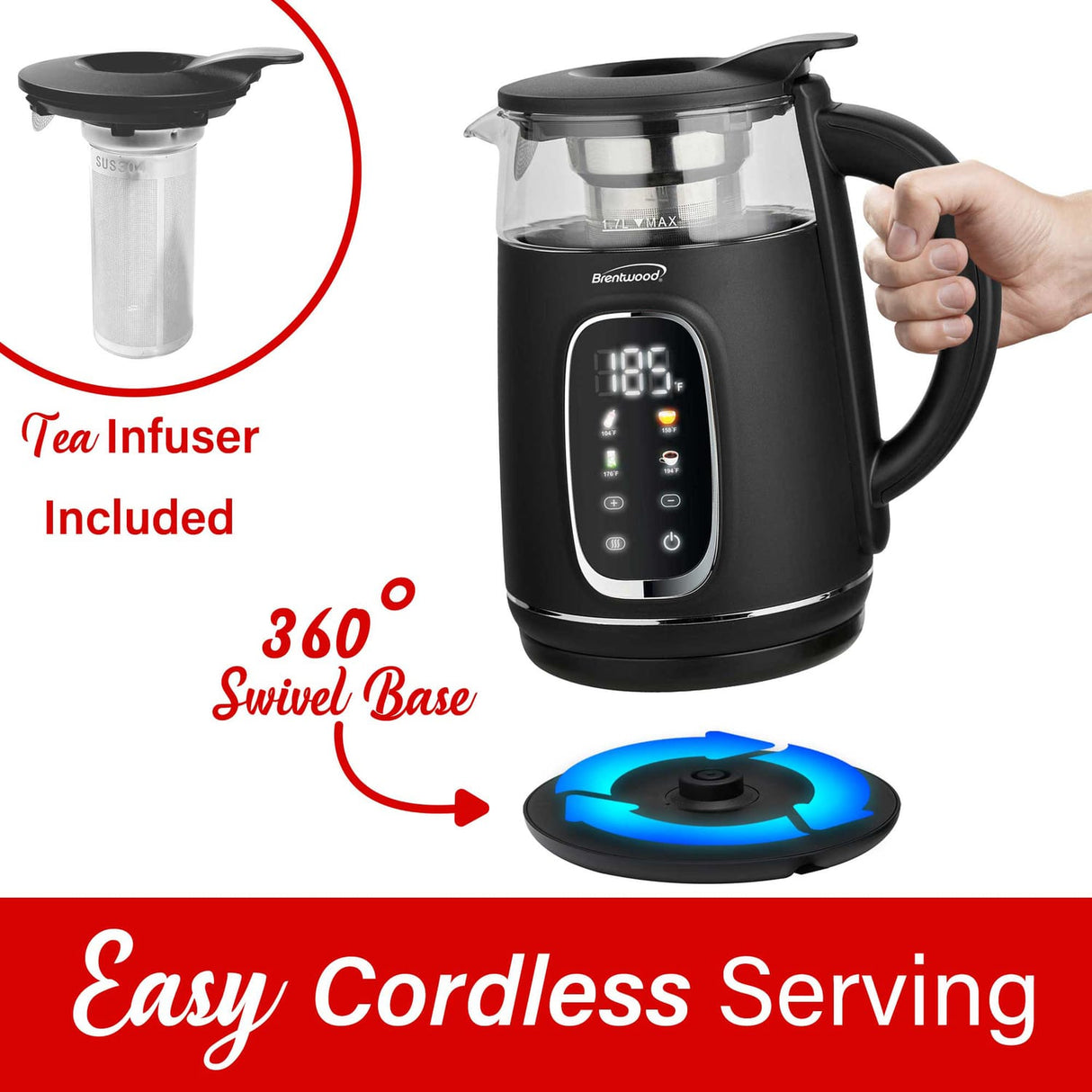 Brentwood 1100-Watt 1.7-L Cordless Digital Glass Electric Kettle with Tea Infuser, Black