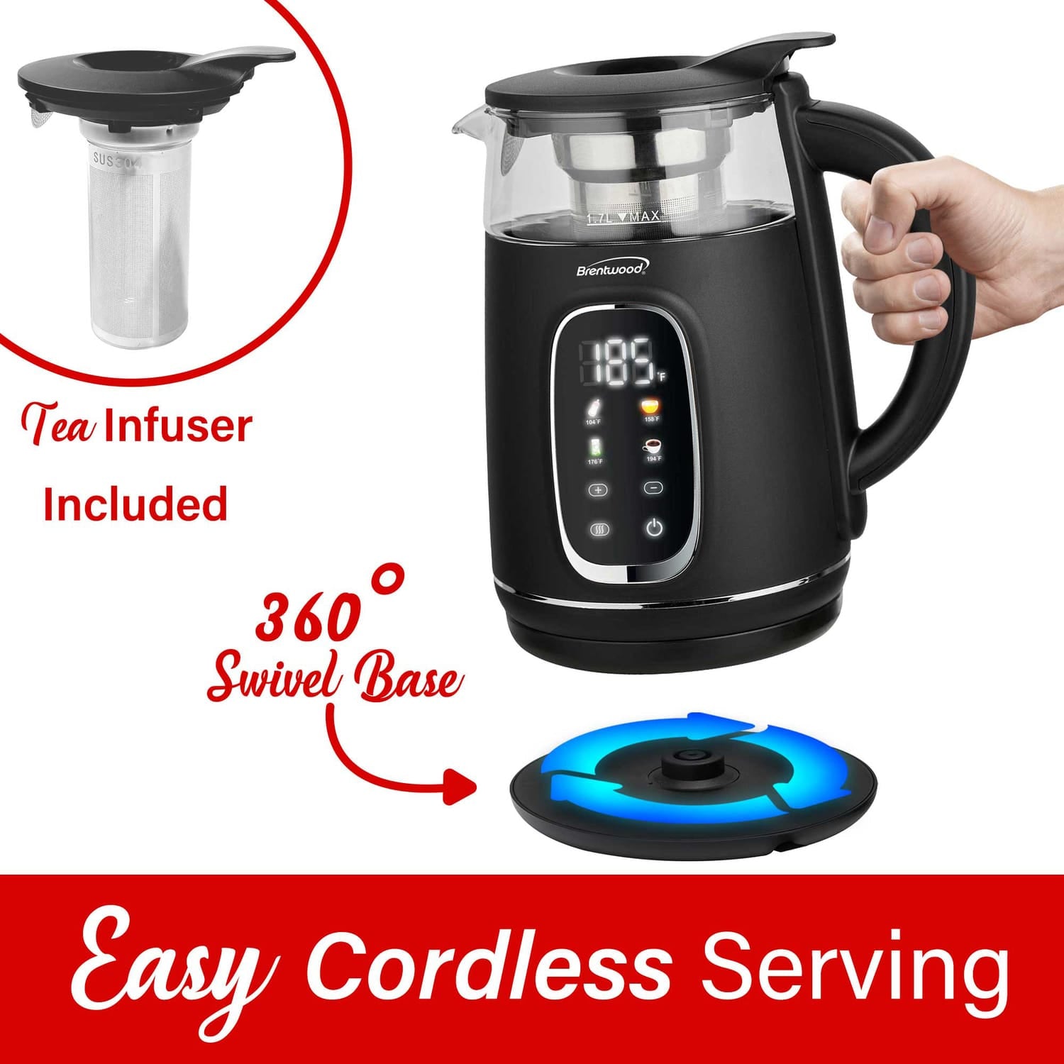 Brentwood 1100-Watt 1.7-L Cordless Digital Glass Electric Kettle with Tea Infuser, Black