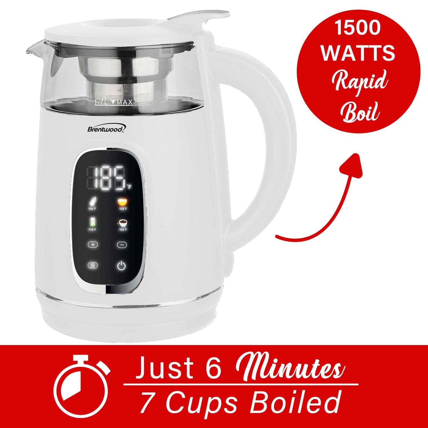 Brentwood 1100-Watt 1.7-L Cordless Digital Glass Electric Kettle with Tea Infuser, White