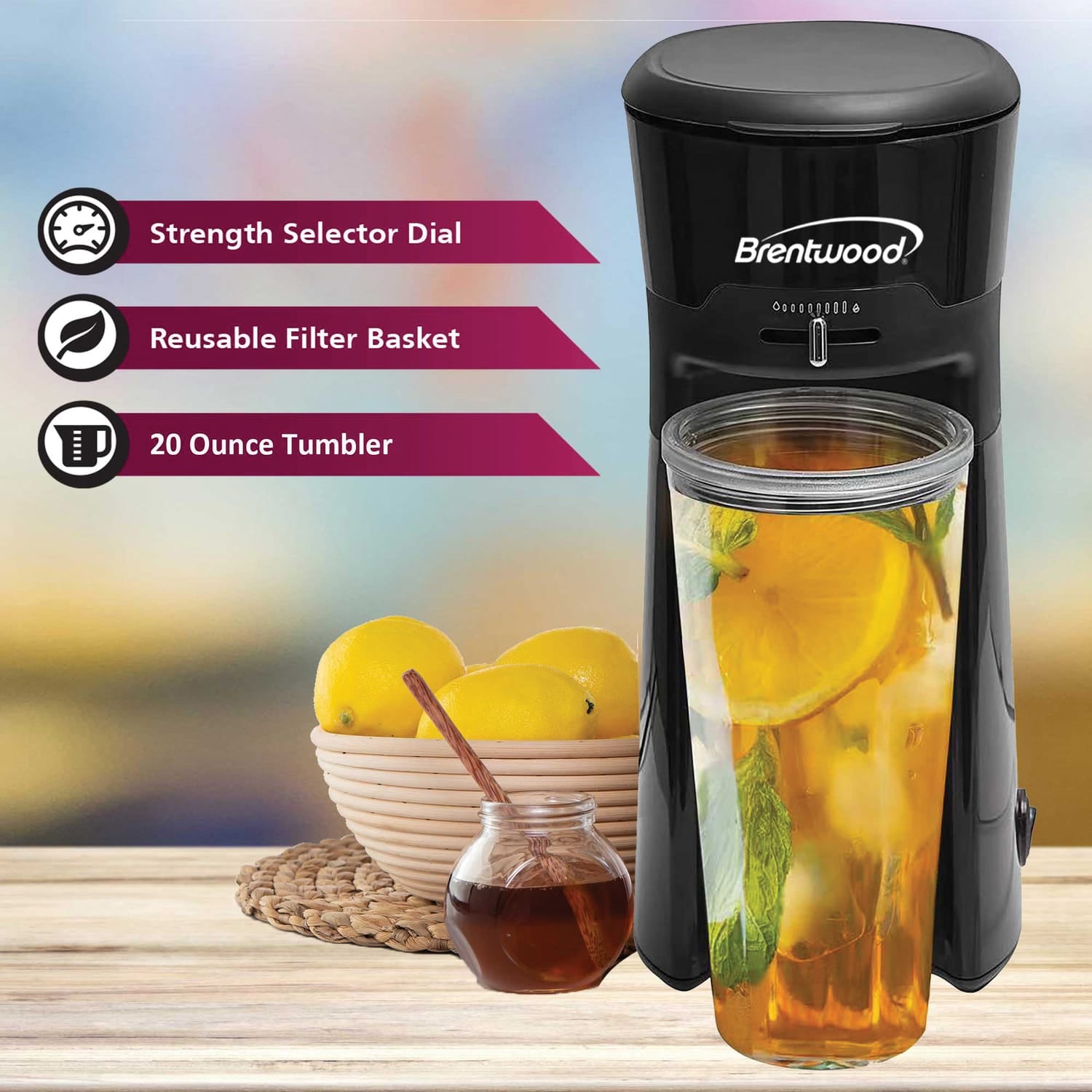 Brentwood Single-Serve Iced Coffee and Tea Maker with 20-Oz. Insulated Tumbler and Reusable Filter