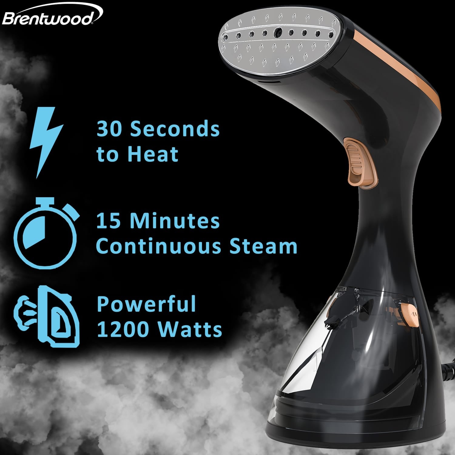 Brentwood Corded 1200-Watt Portable Handheld Steamer for Clothes with Stainless Steel Soleplate, Auto Shutoff, Anti Drip, Fabric Brush, 72-In. Cord