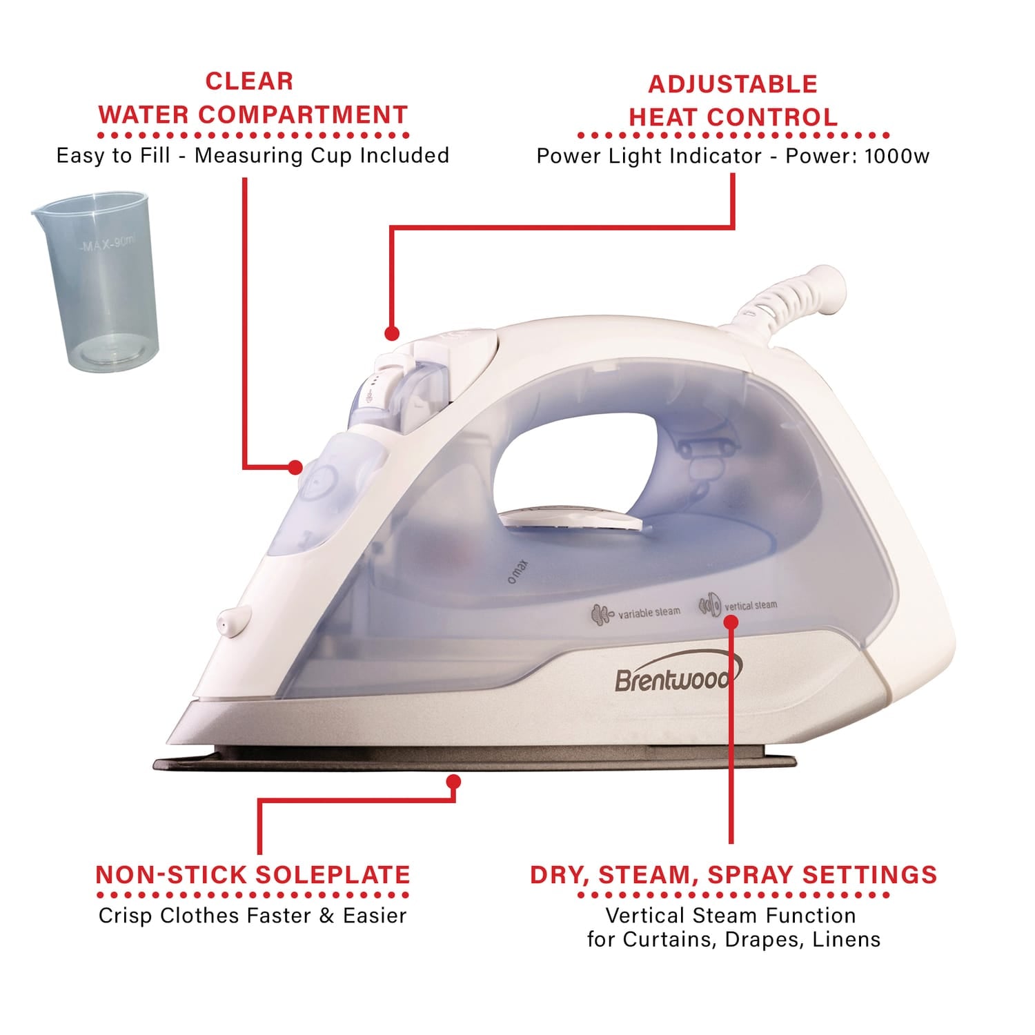 Brentwood Nonstick Steam Iron, Silver