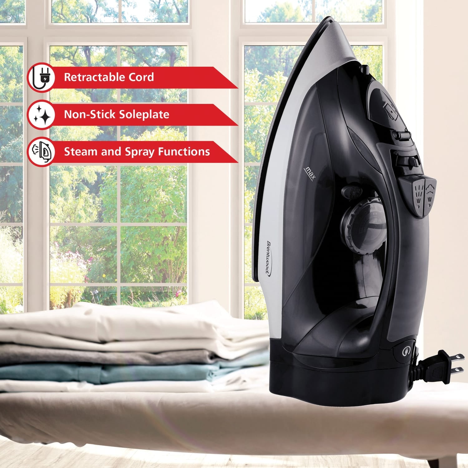 Brentwood 1200-Watt Nonstick Steam Iron with Retractable Cord, Black