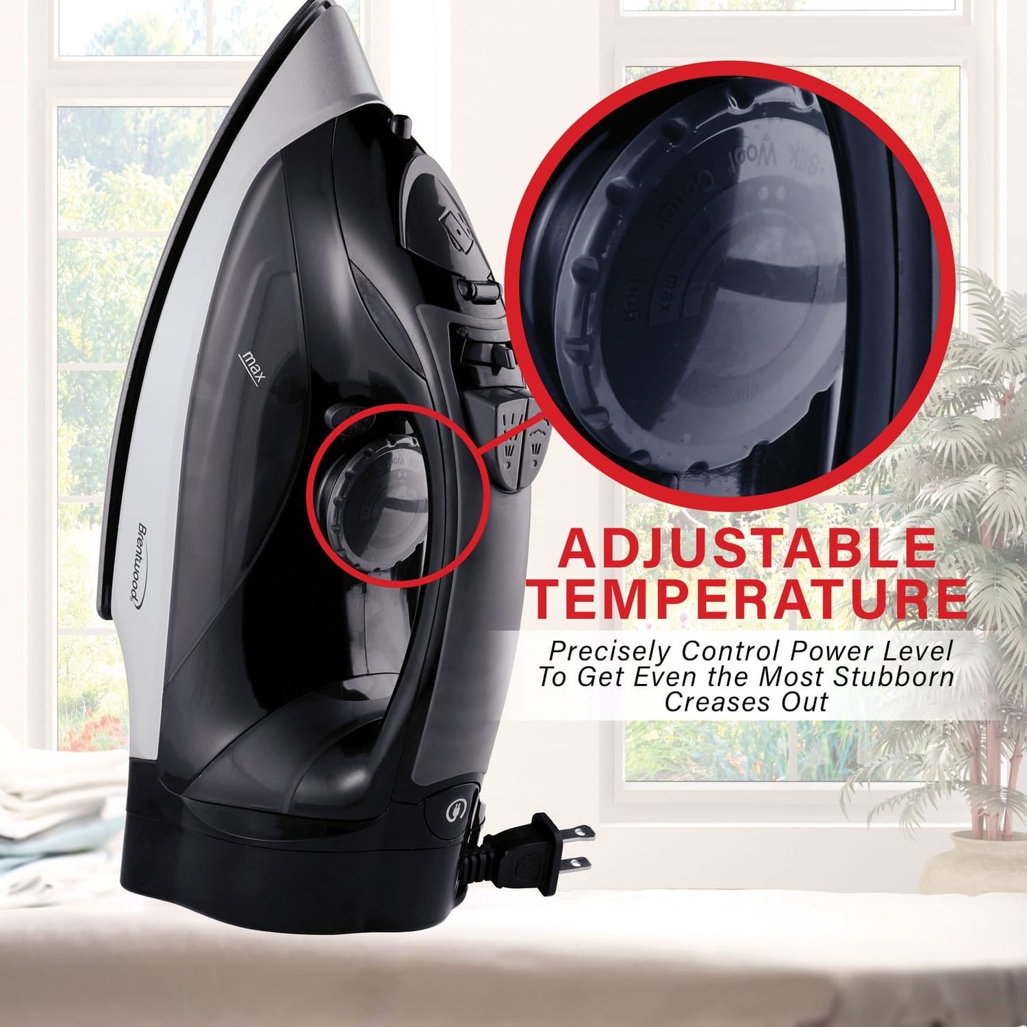 Brentwood 1200-Watt Nonstick Steam Iron with Retractable Cord, Black
