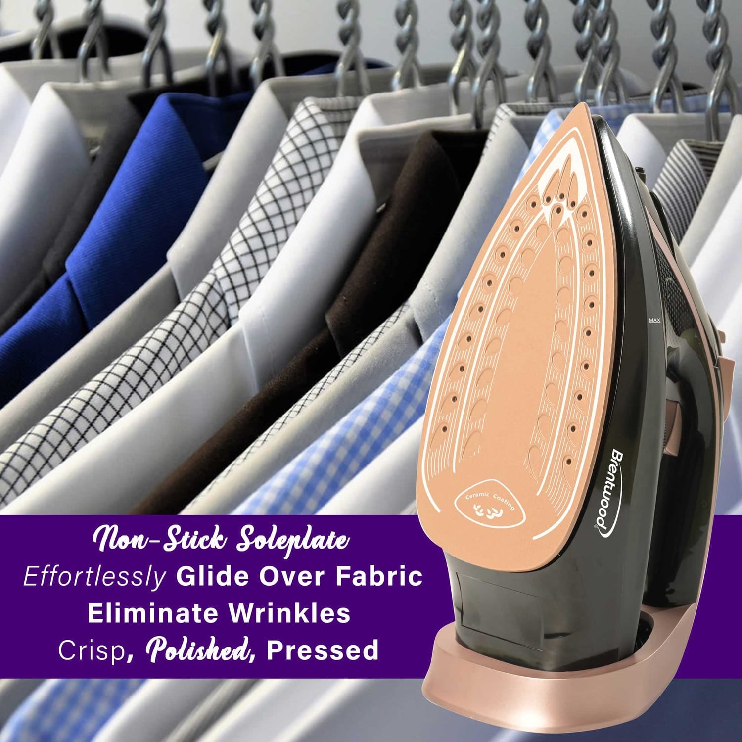 Brentwood MPI-69BKRG Nonstick Ceramic Steam Iron, Black and Rose Gold