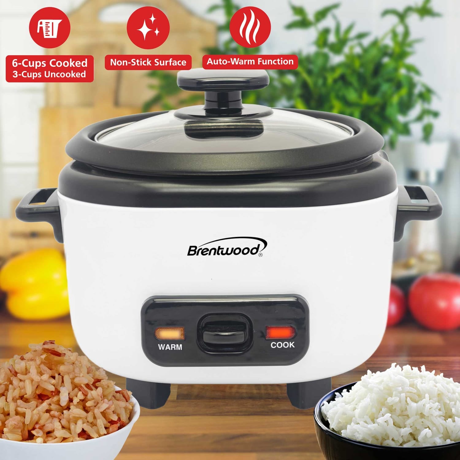 Brentwood 3-Cups Uncooked/6-Cups Cooked Electric Rice Cooker with Measuring Cup and Spatula, White