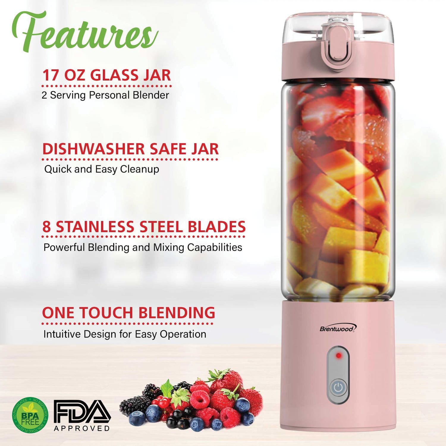 Brentwood 50-Watt 17-Oz. Portable Battery-Operated USB-Chargeable Glass Blender, Pink