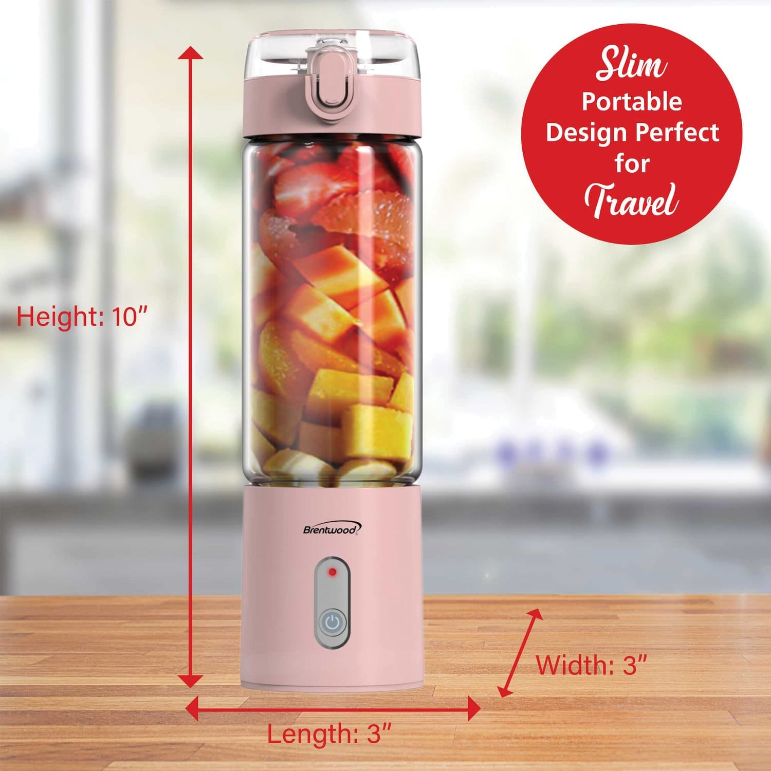 Brentwood 50-Watt 17-Oz. Portable Battery-Operated USB-Chargeable Glass Blender, Pink