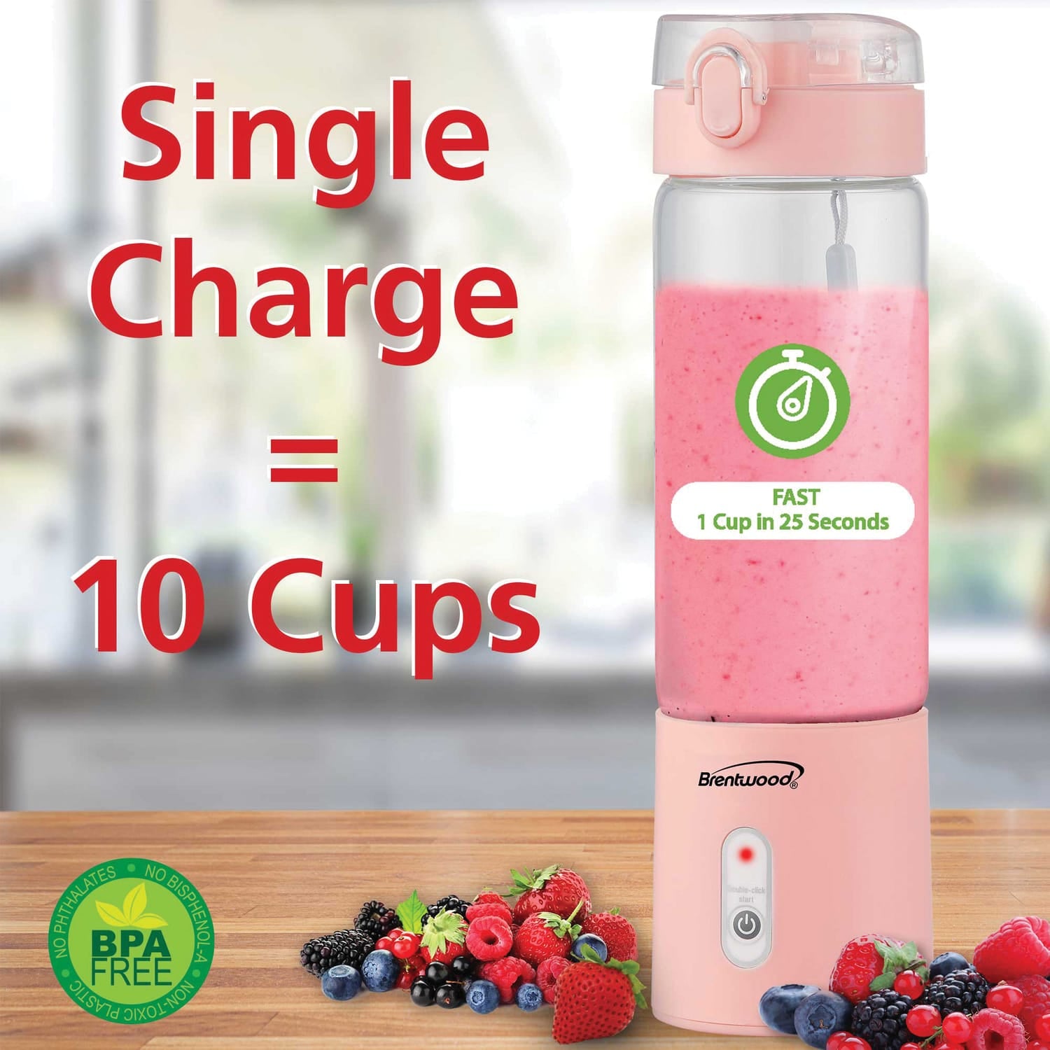 Brentwood 50-Watt 17-Oz. Portable Battery-Operated USB-Chargeable Glass Blender, Pink