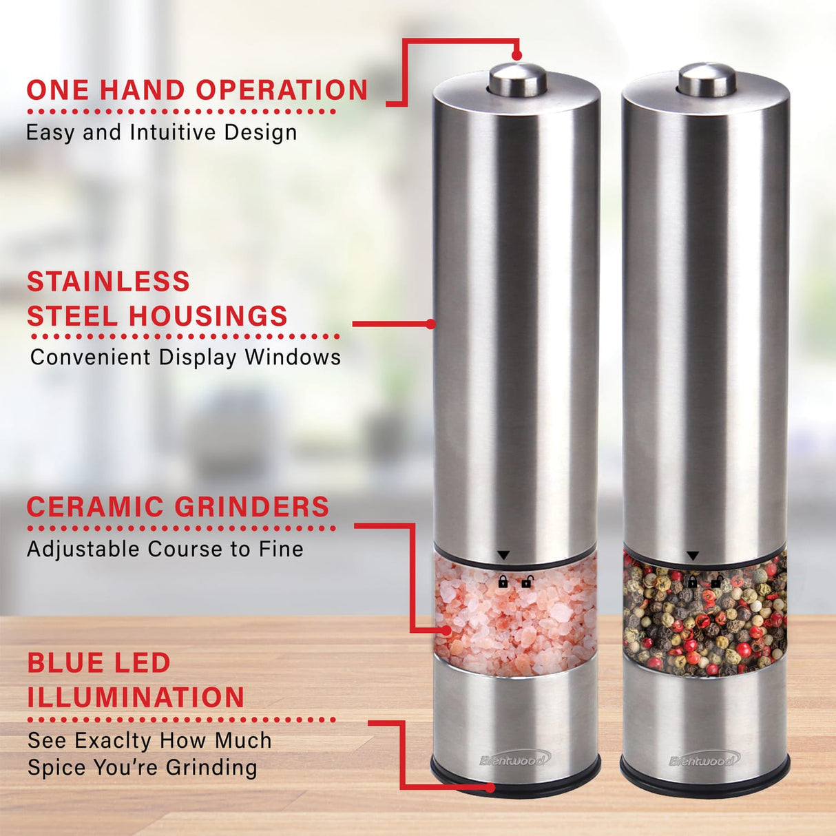 Brentwood Electric Blue LED Stainless Steel Salt and Pepper Adjustable Ceramic Grinders