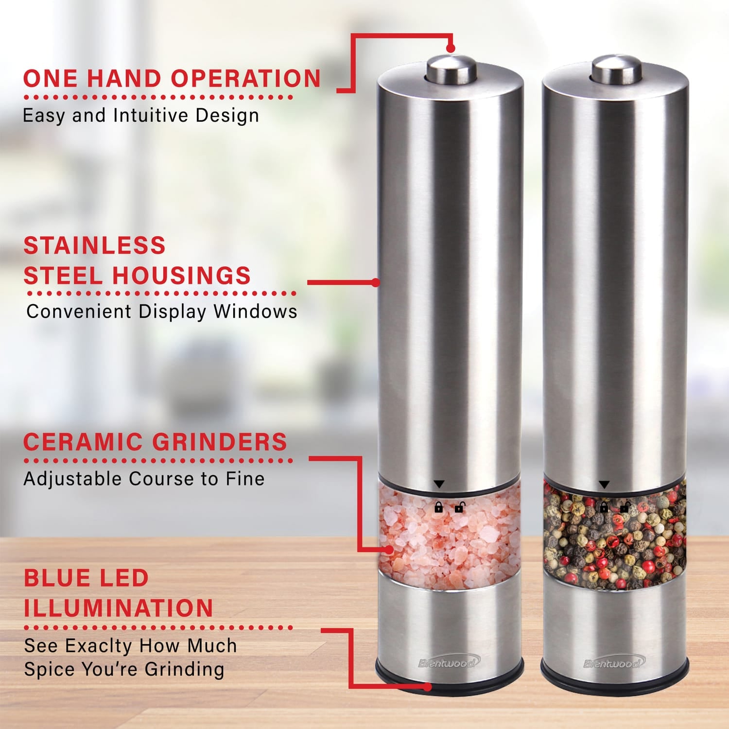 Brentwood Electric Blue LED Stainless Steel Salt and Pepper Adjustable Ceramic Grinders