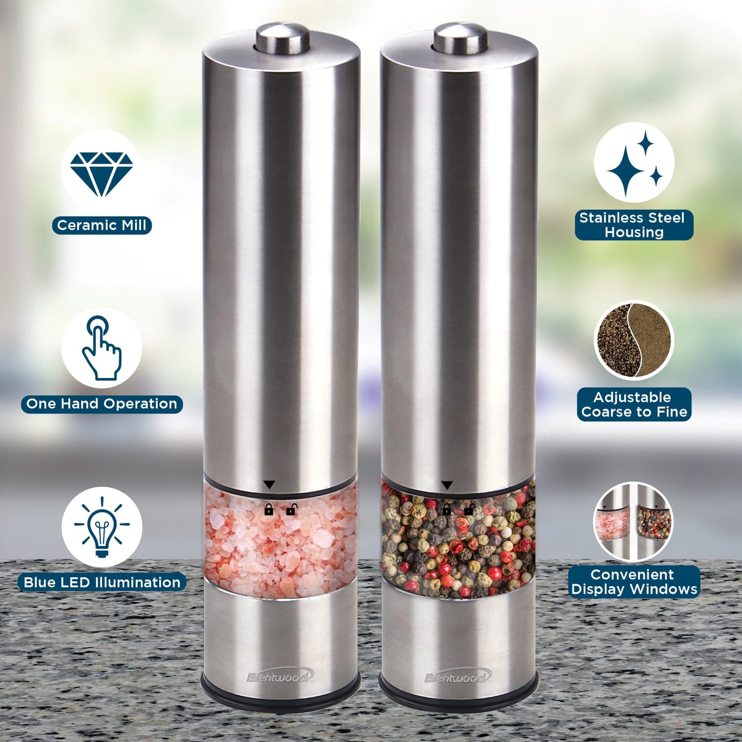 Brentwood Electric Blue LED Stainless Steel Salt and Pepper Adjustable Ceramic Grinders