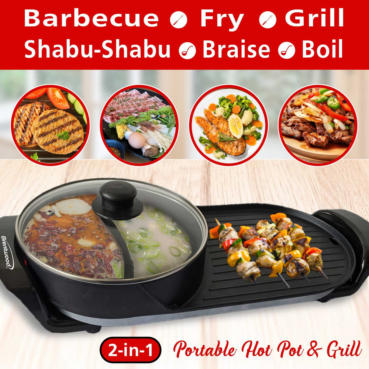 Brentwood 1200-Watt 2-Qt. 2-Sided Electric Hot Pot and 18-In. x 9-In. Korean BBQ Grill with Ceramic Nonstick Coating, Black