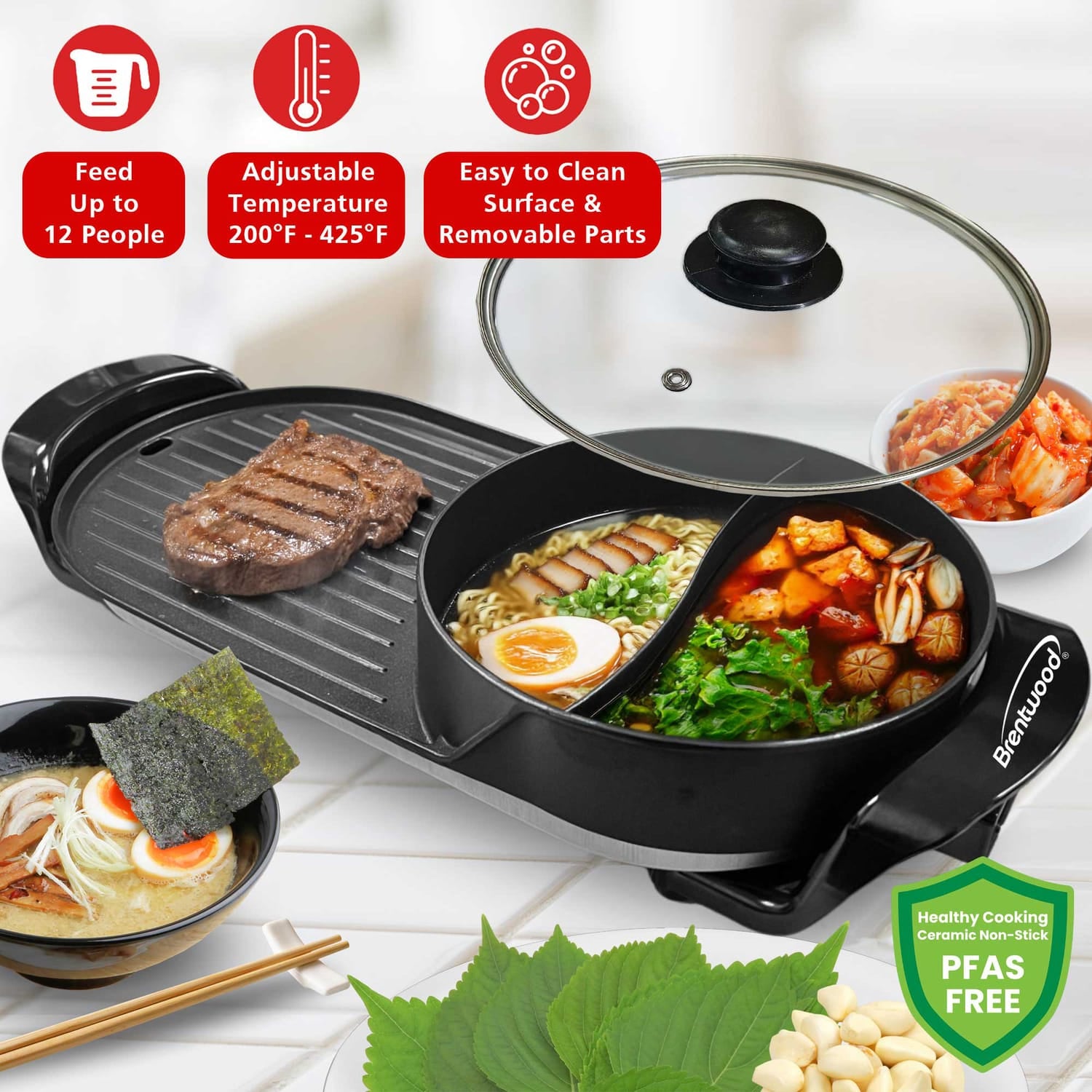 Brentwood 1200-Watt 2-Qt. 2-Sided Electric Hot Pot and 18-In. x 9-In. Korean BBQ Grill with Ceramic Nonstick Coating, Black