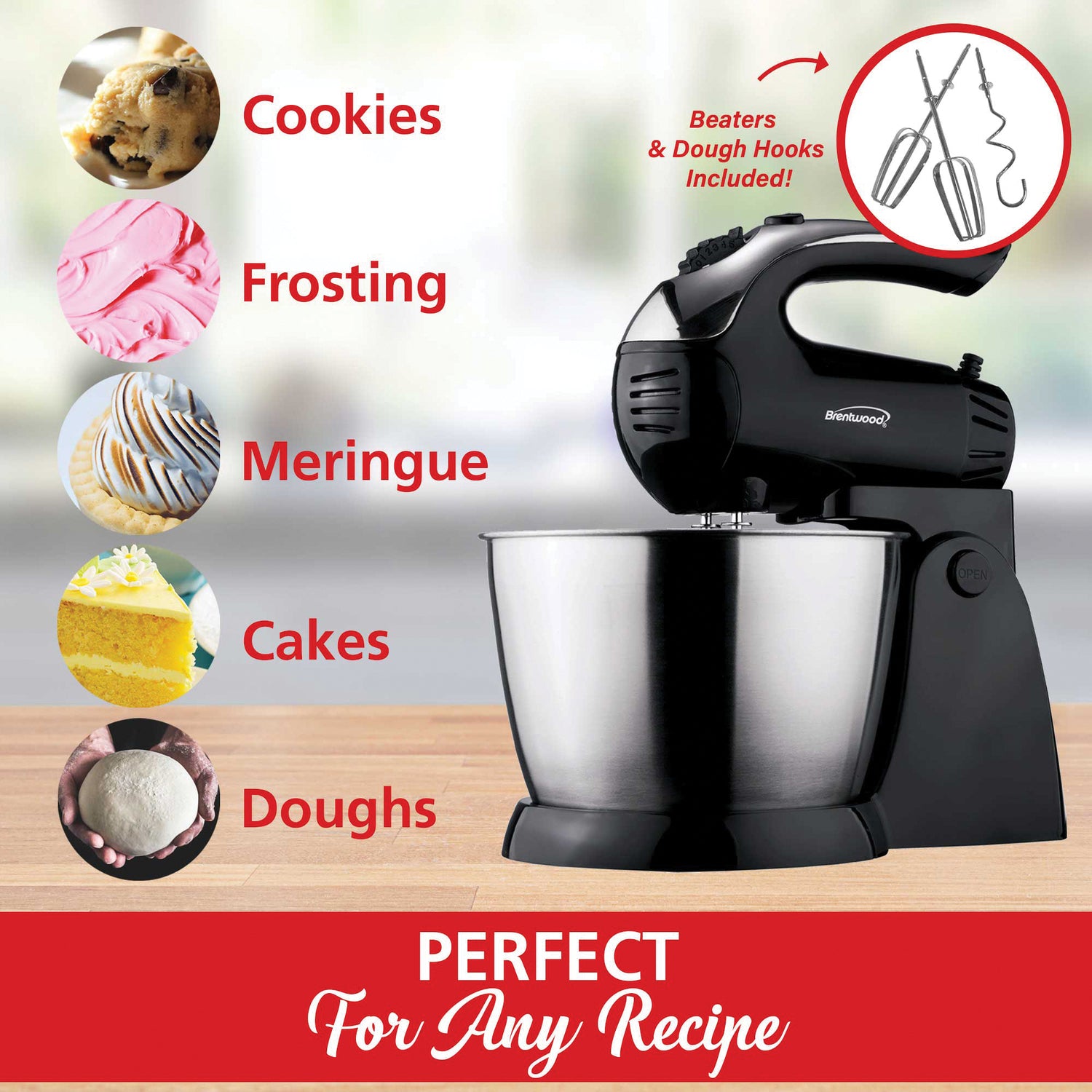 Brentwood 5-Speed + Turbo Electric Stand Mixer with Bowl, Black