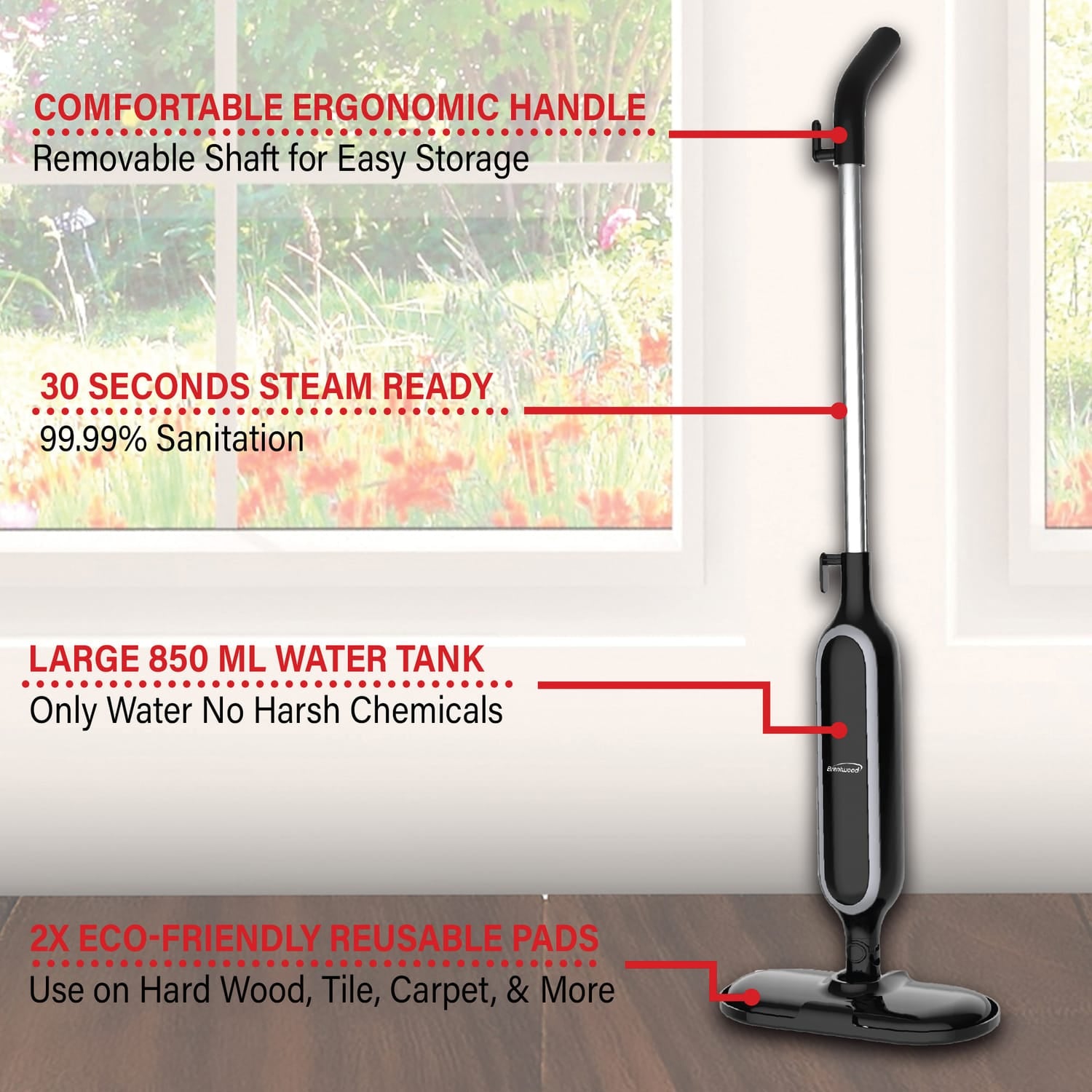 Brentwood 1100-Watt Hard-Floor Steam Mop for Tile and Wood with 3.59-Cup Water Tank, Carpet Glider, and 2 Mop Pads, STM-4000BK