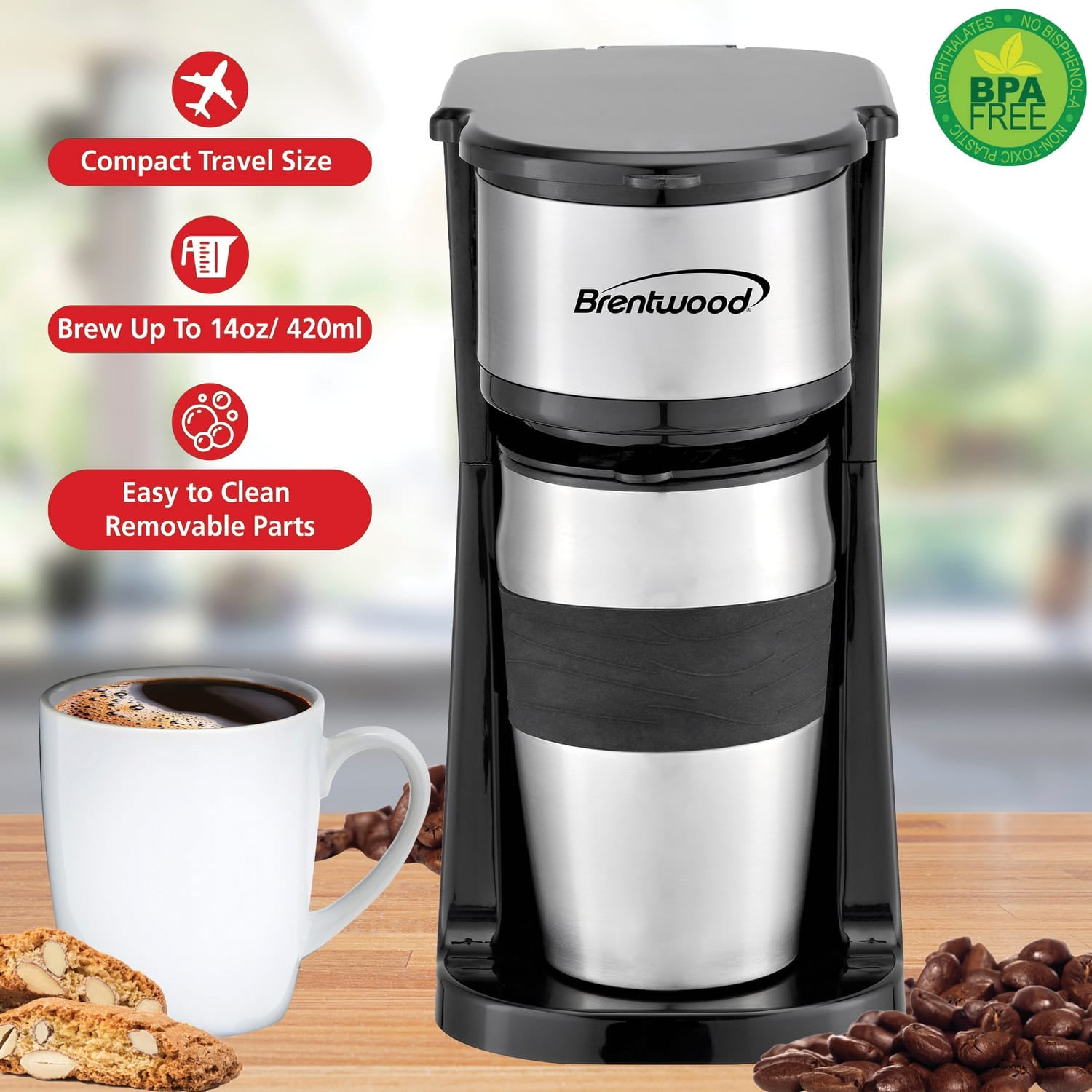 Brentwood 700-Watt Portable Single-Serve Coffee Maker with 14-Oz. Travel Mug