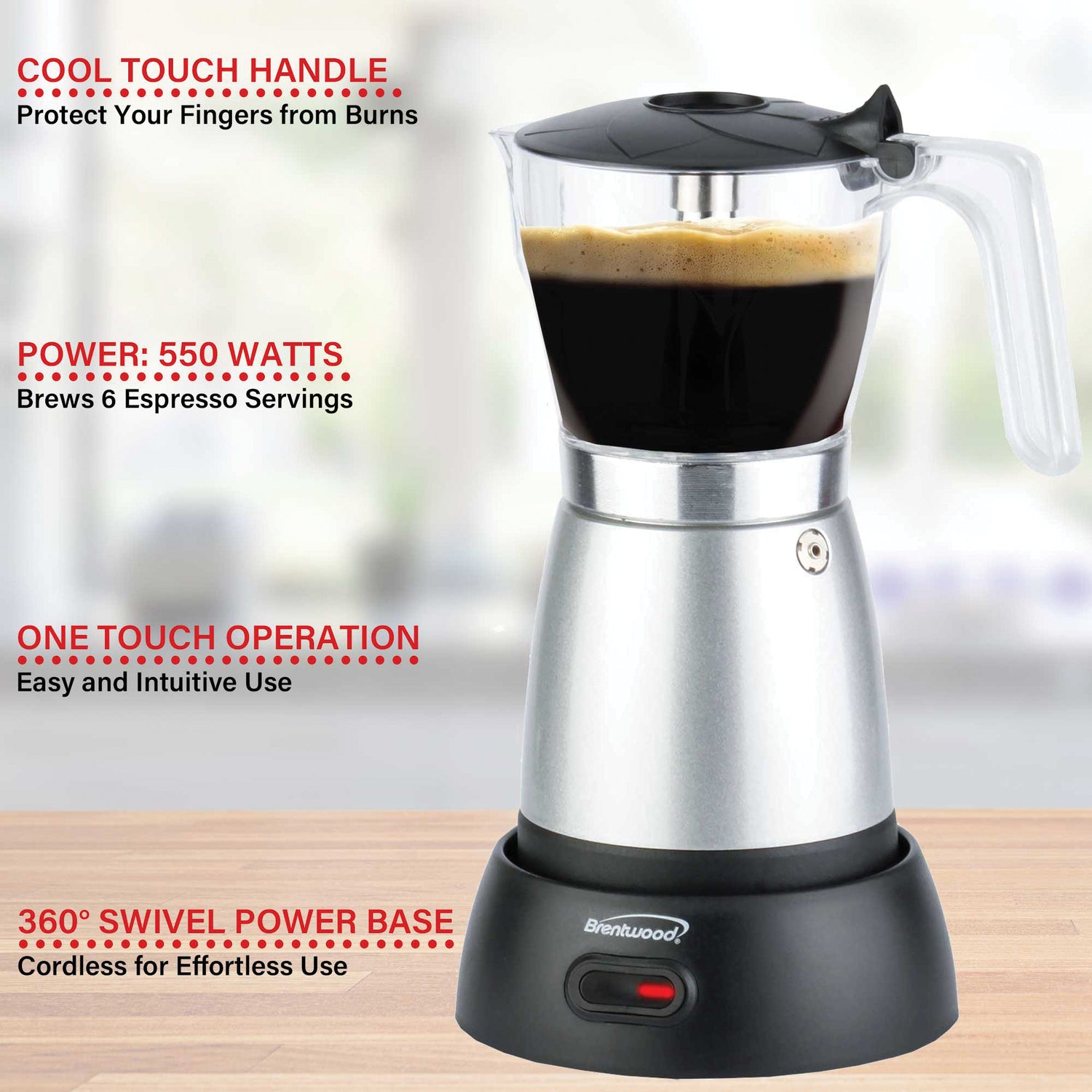 Brentwood 6-Cup Electric Moka Pot Espresso Machine, Silver
