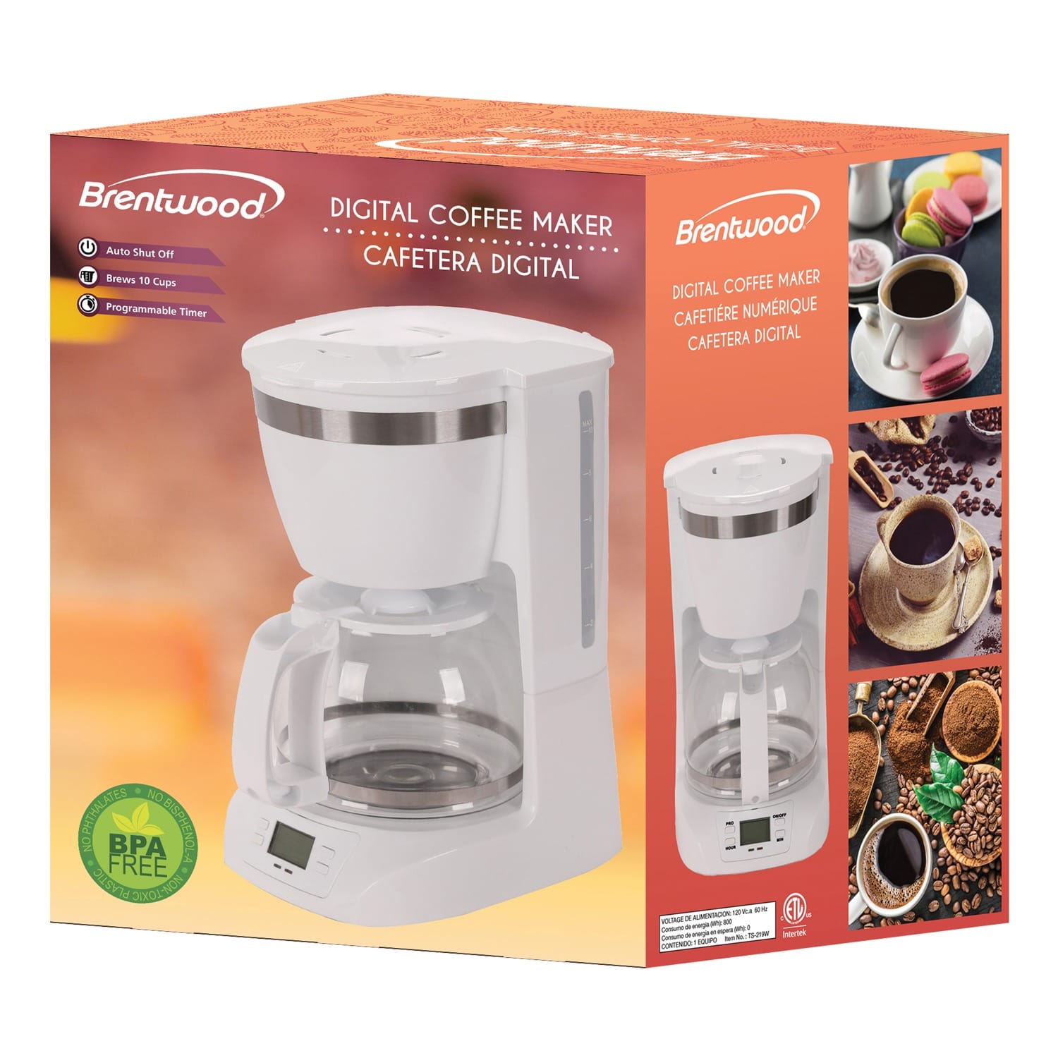 Brentwood 10-Cup Digital Coffee Maker, White