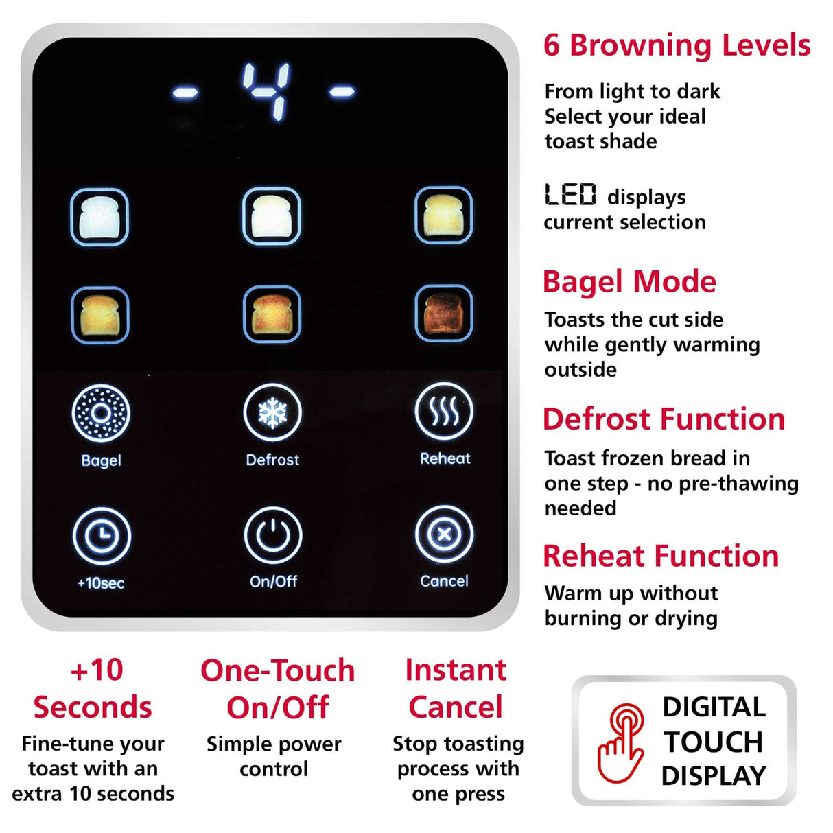 Brentwood 2-Slice 1100-Watt Touch-Screen Digital Toaster with Extra-Wide Slots, Stainless Steel