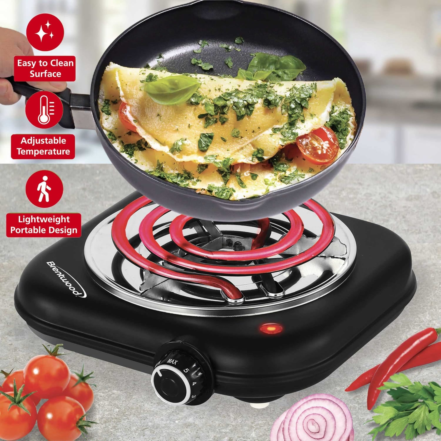 Brentwood Single-Coiled 1100-Watt Countertop Electric Burner with Temperature Control and Power Indicator Light, Black