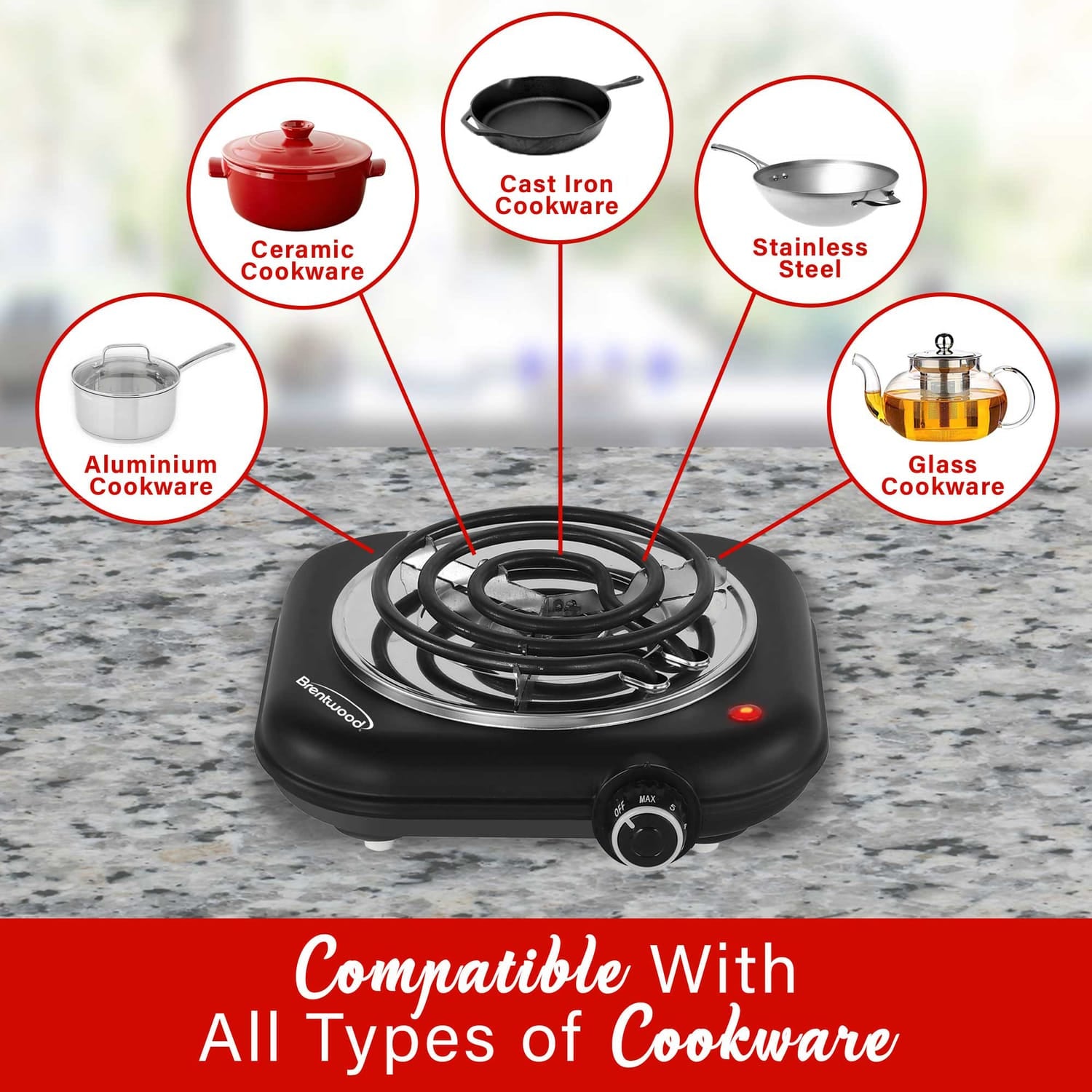 Brentwood Single-Coiled 1100-Watt Countertop Electric Burner with Temperature Control and Power Indicator Light, Black