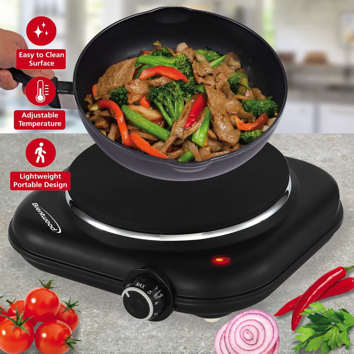 Brentwood Single-Cast-Iron 1100-Watt Countertop Electric Burner Hot Plate with Temperature Control and Power Indicator Light, Black