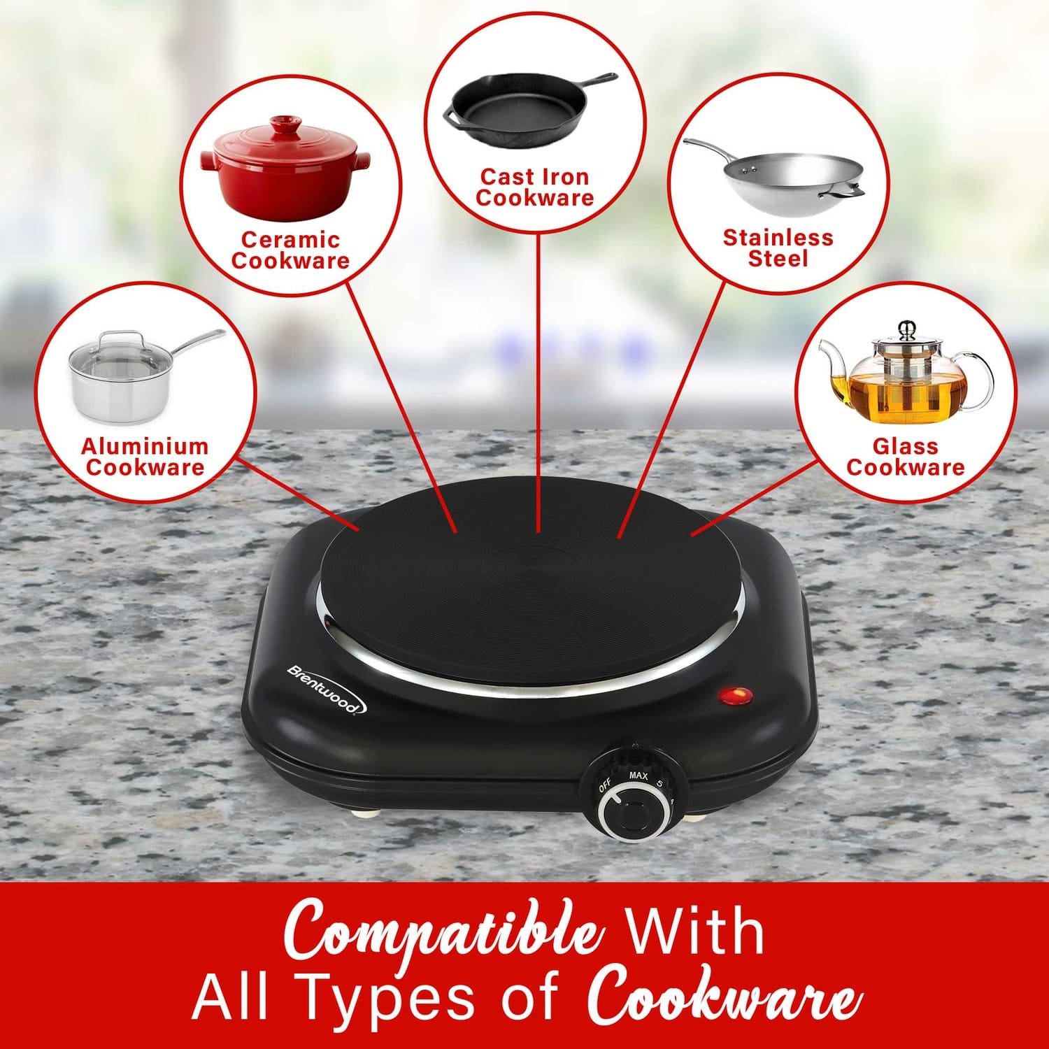 Brentwood Single-Cast-Iron 1100-Watt Countertop Electric Burner Hot Plate with Temperature Control and Power Indicator Light, Black