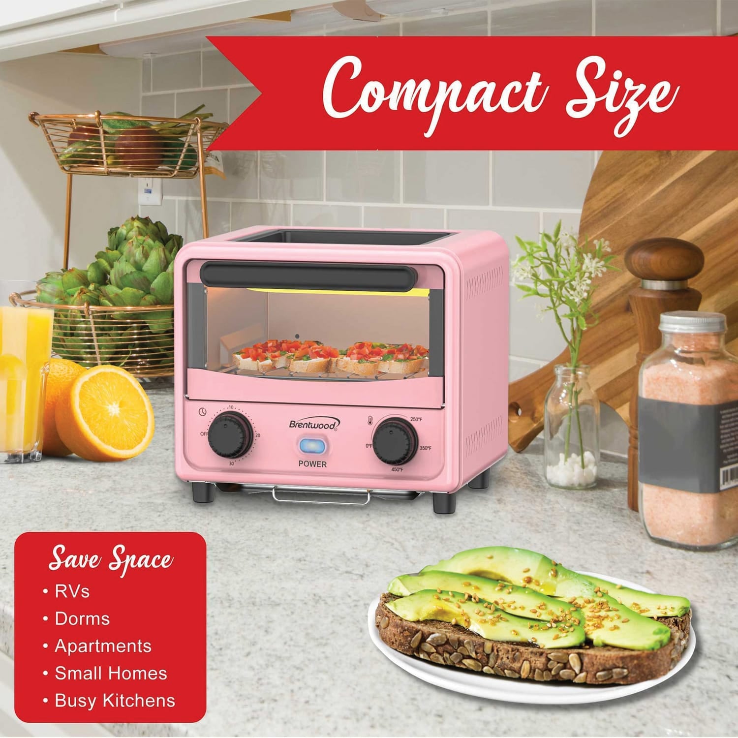 Brentwood 183-Cu. In., 3-L 500-Watt Stainless Steel Mini Toaster Oven, Pink