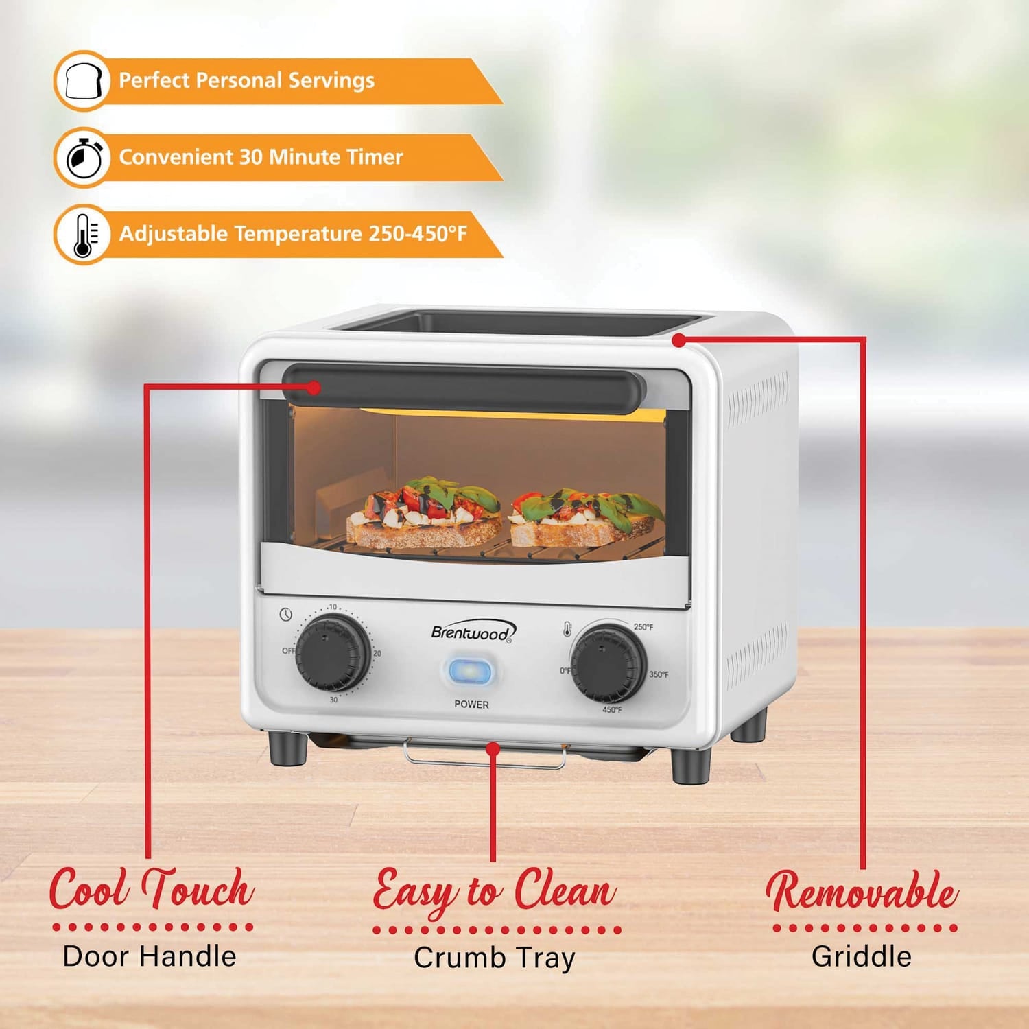 Brentwood 183-Cu. In., 3-L 500-Watt Stainless Steel Mini Toaster Oven, White