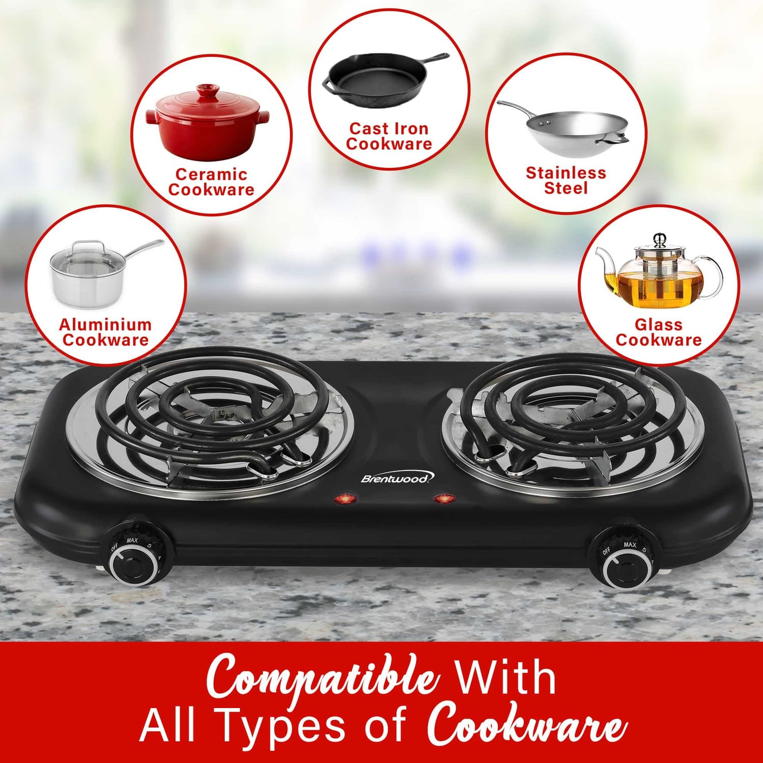 Brentwood Double-Coiled 1100-Watt Countertop Electric Burner with Temperature Control and Power Indicator Light, Black