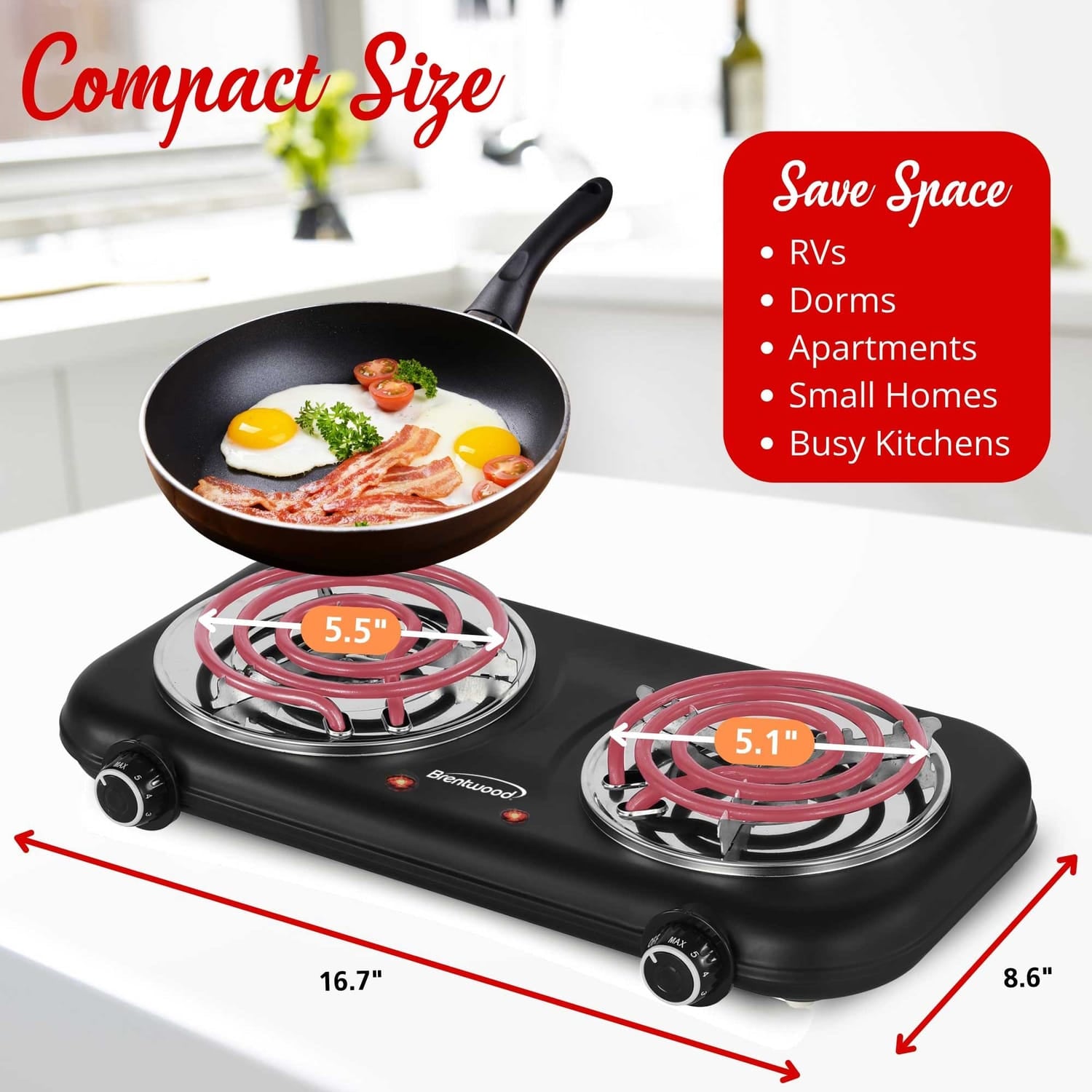 Brentwood Double-Coiled 1100-Watt Countertop Electric Burner with Temperature Control and Power Indicator Light, Black