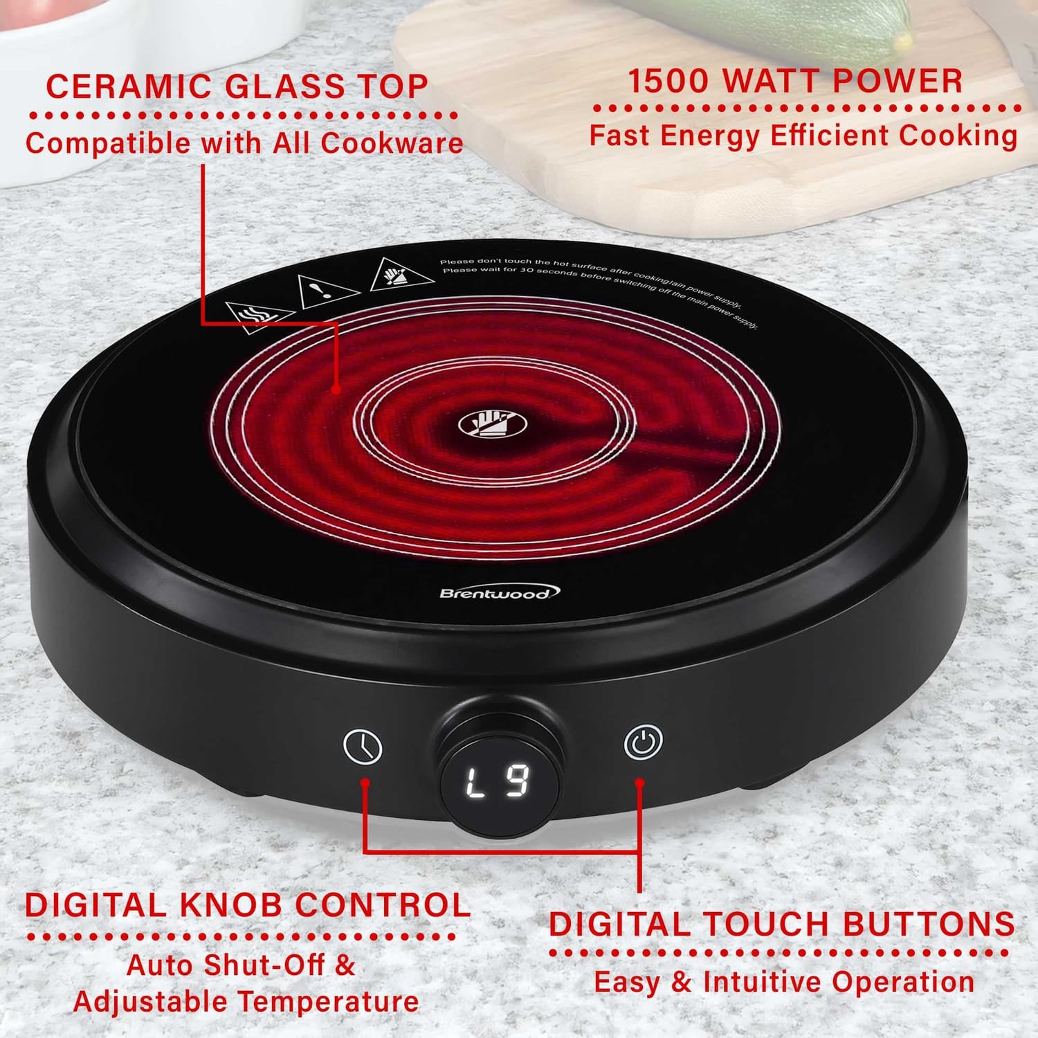 Brentwood Select 1300-Watt 10-In. Countertop Ceramic Glass Cooktop Surface with Single 8-In. Infrared Burner, Black