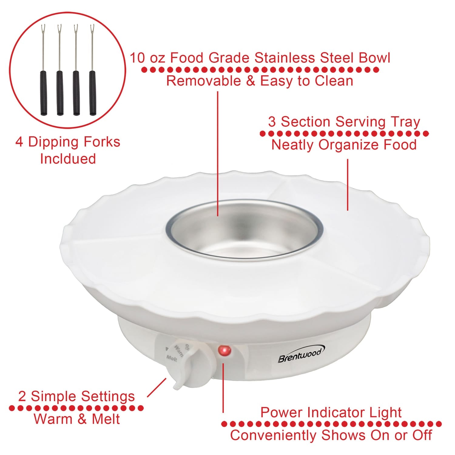 Brentwood 25-Watt Electric Fondue Pot Set with 3-Section Tray and 4 Dipping Forks, White