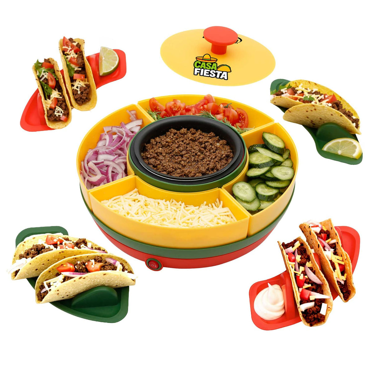 Brentwood Heated Taco Bar Serving Set, 4 Taco Holders, 20-Oz. Warming Pot, 6 Filling Trays, and Spinning Lazy Susan for Sharing