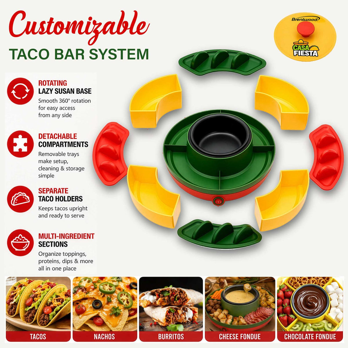 Brentwood Heated Taco Bar Serving Set, 4 Taco Holders, 20-Oz. Warming Pot, 6 Filling Trays, and Spinning Lazy Susan for Sharing
