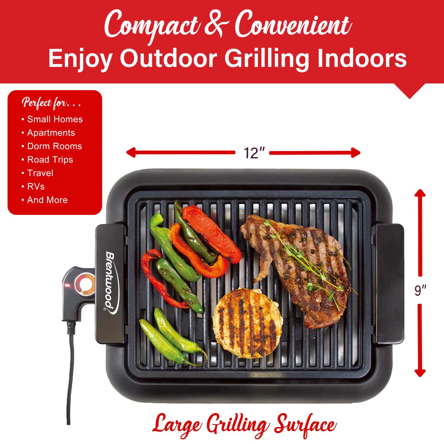 Brentwood 1200-Watt 12.6-In. x 10-In. Electric Smokeless Indoor Grill with Ceramic Nonstick Surface, Black