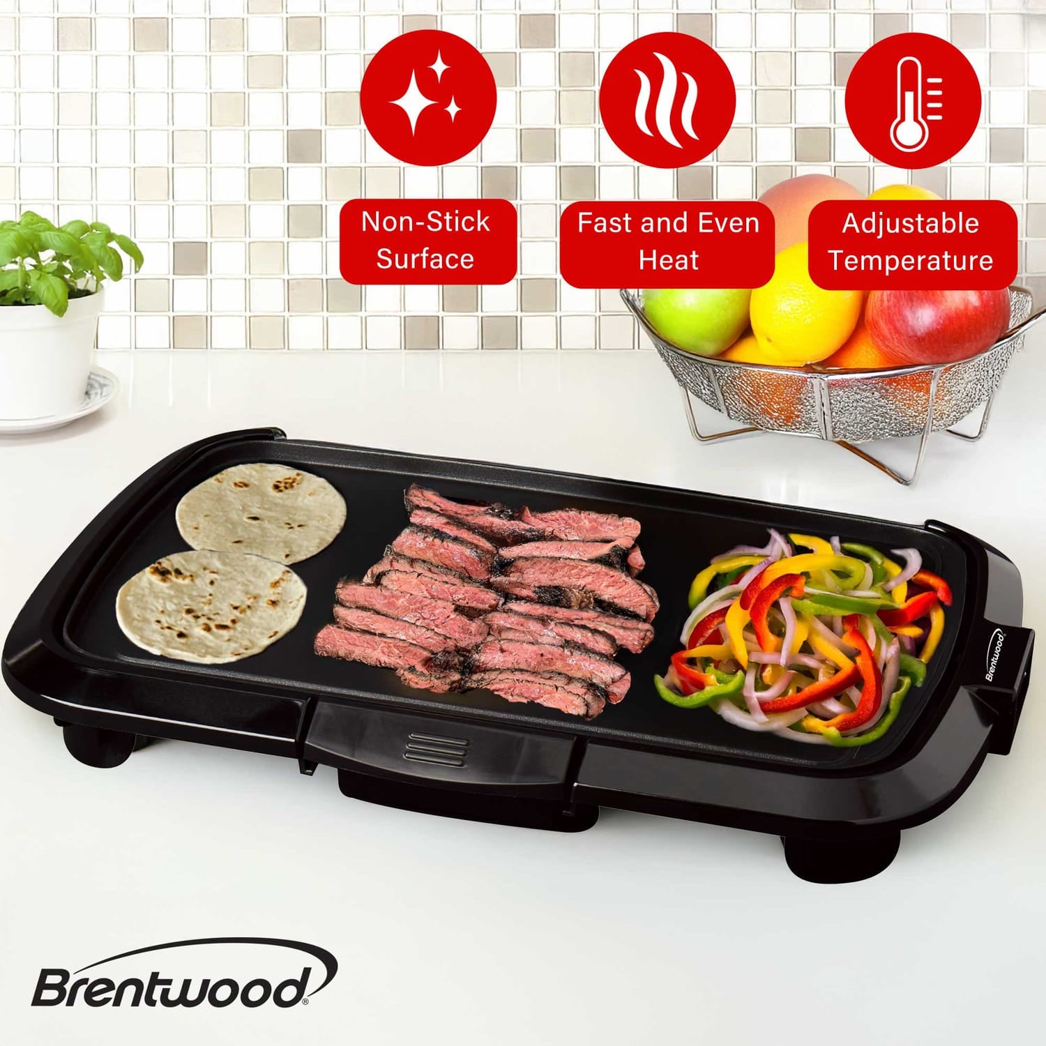 Brentwood TS-821 1200-Watt Non-Stick Electric Griddle with Drip Tray, Adjustable Temperature, and Cool-Touch Handles, 16 In. x 10 In., Black