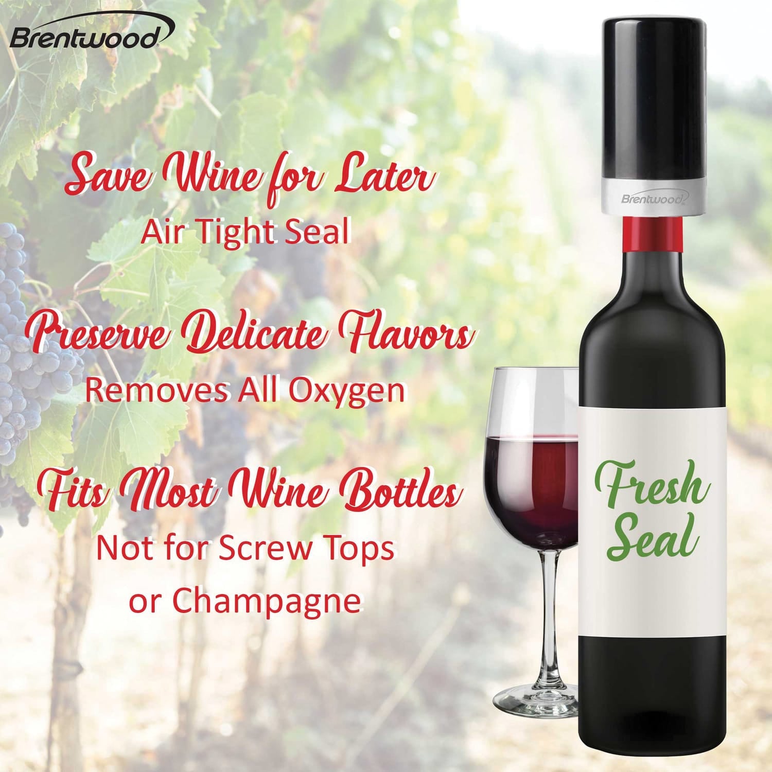 Brentwood Portable Automatic Vacuum Wine Preserver and Bottle Stopper