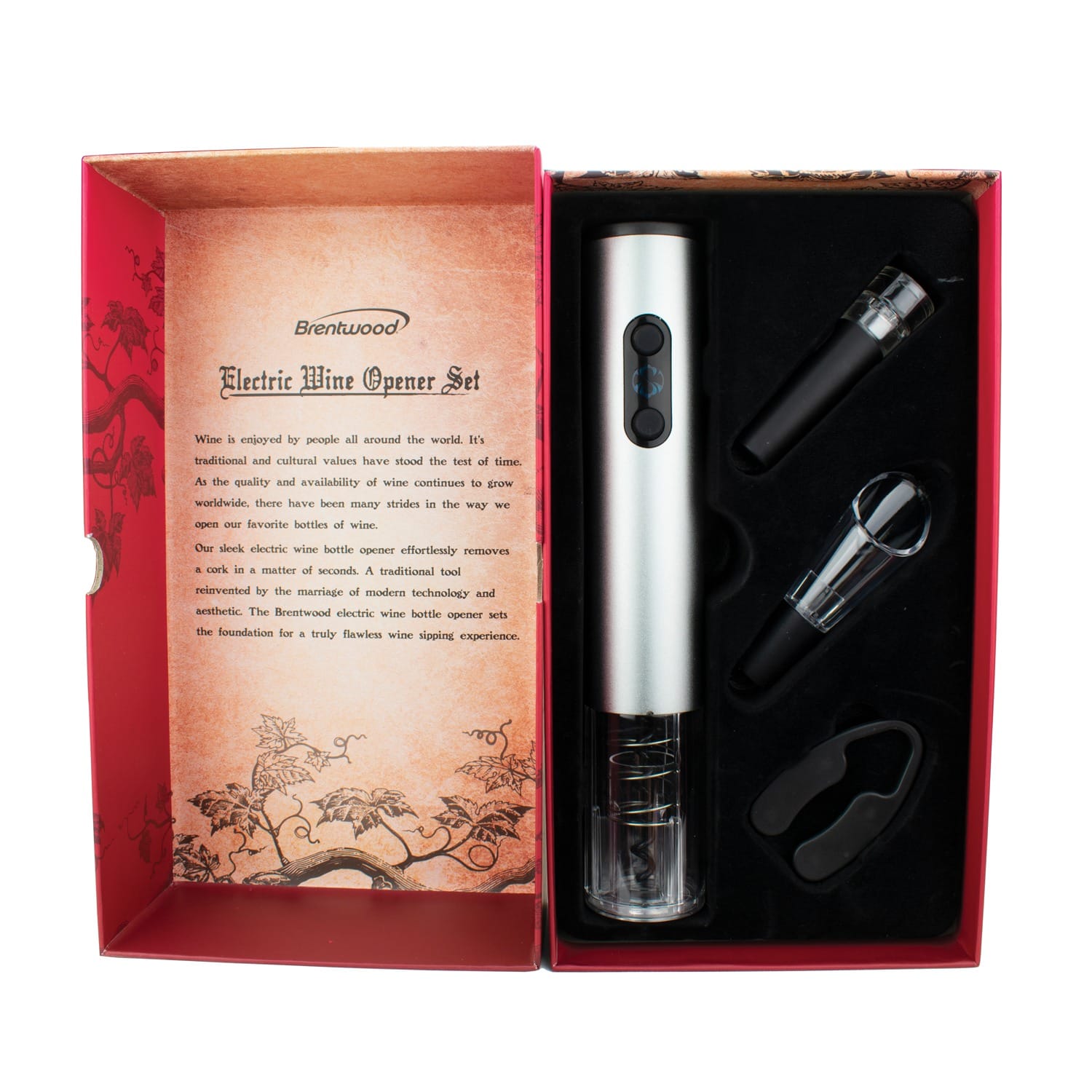 Brentwood Electric Wine Bottle Opener with Foil Cutter, Vacuum Stopper, and Aerator Pourer