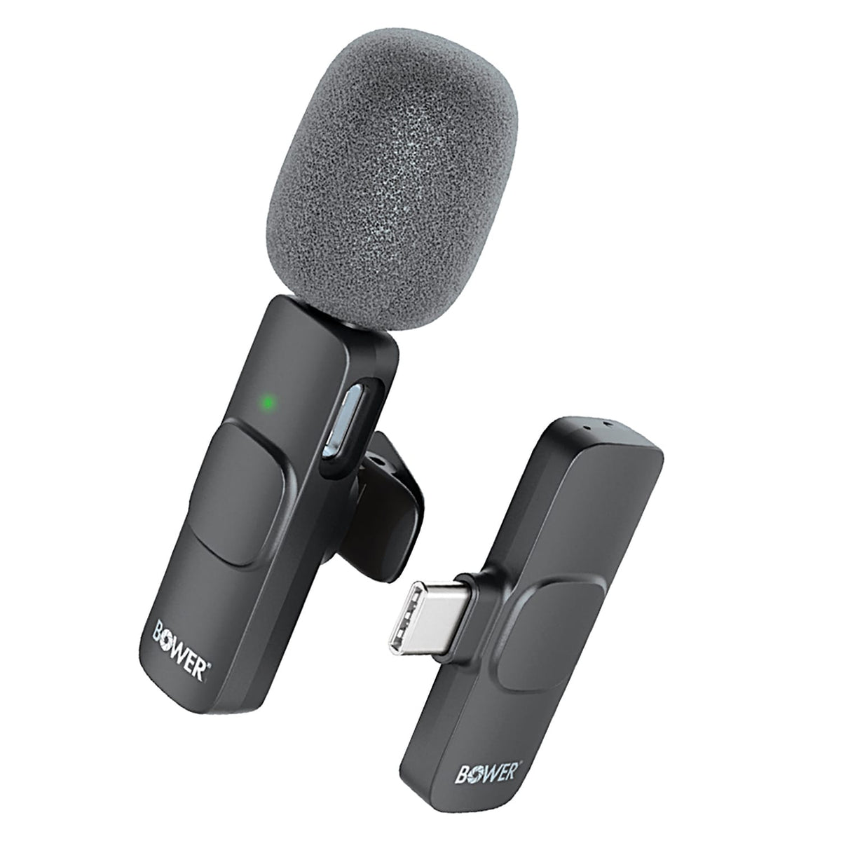 Bower Rechargeable Wireless Lapel Microphone with Windscreen, Clip, and USB-C Receiver