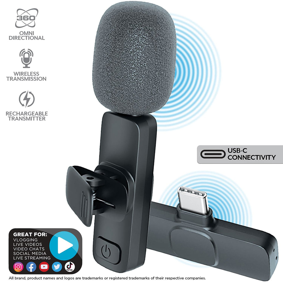 Bower Rechargeable Wireless Lapel Microphone with Windscreen, Clip, and USB-C Receiver