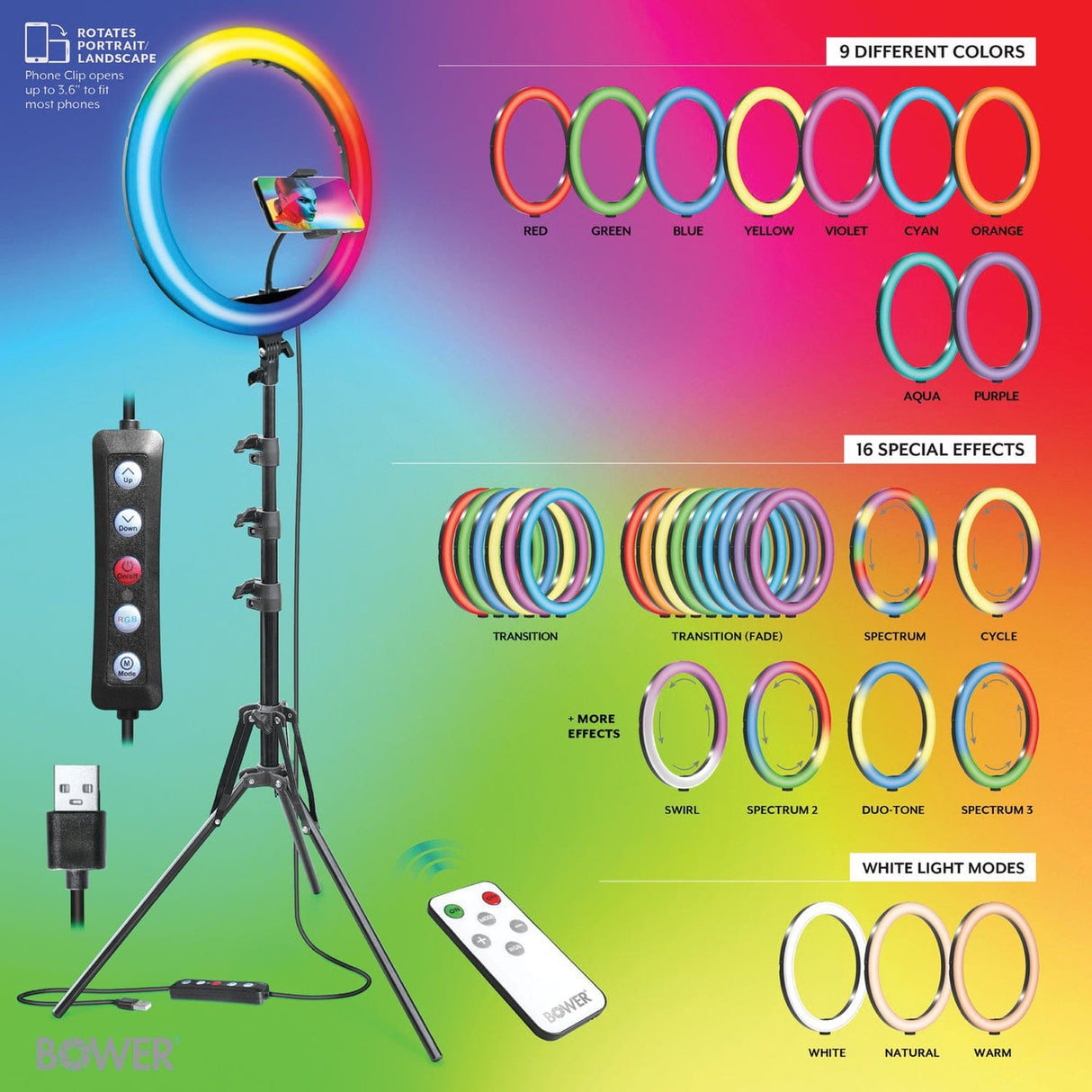Bower RGB Selfie Ring Light Studio Kit with Wireless Remote Control and Tripod, 16 In.