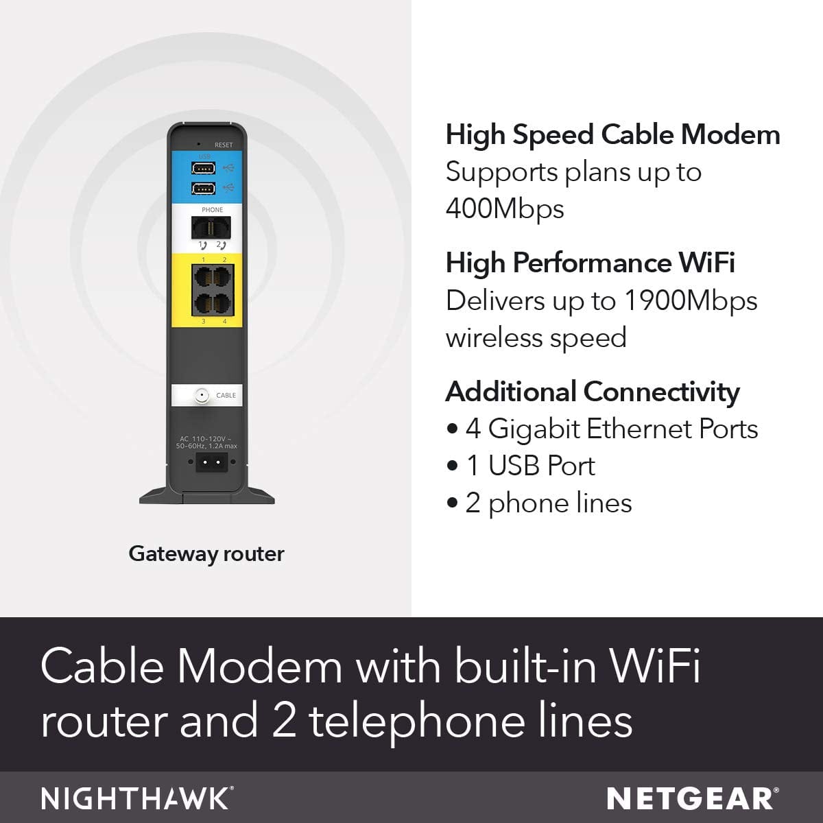 Netgear C7100V Nighthawk AC1900 WiFi DOCSIS 3.0 Cable Modem Router, for XFINITY Internet & Voice – Certified Refurbished