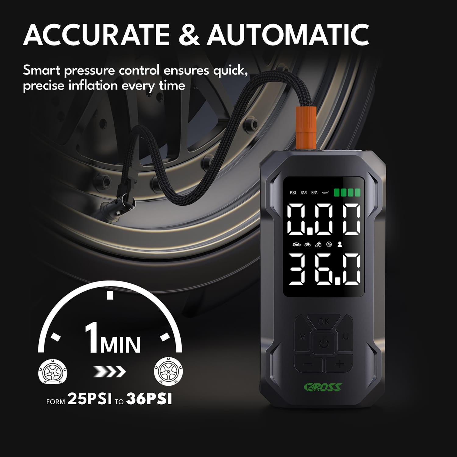 CAROSS Q15 Combo 150-PSI Portable Air Compressor and 7500-mAh Portable Power Bank with Digital Display, LED Light, Adapter Nozzles, and Cloth Bag