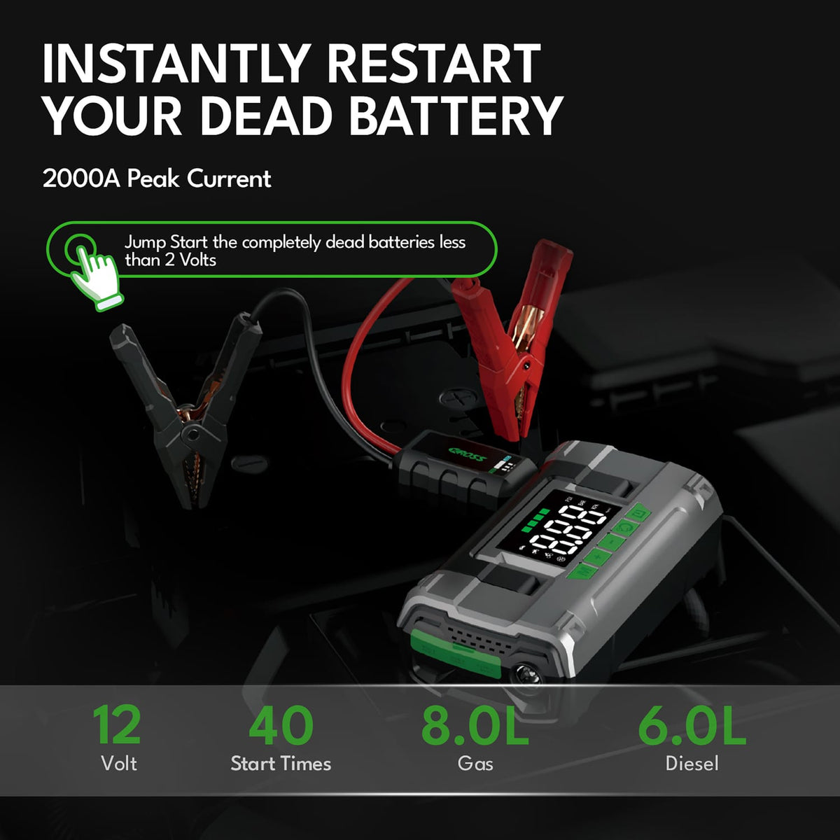 CAROSS T14 Max Portable Car Jump Starter with 150-PSI Air Compressor and USB Power Bank with 2000-Amp Peak, Heavy-Duty Clamps, and QC Fast Charger